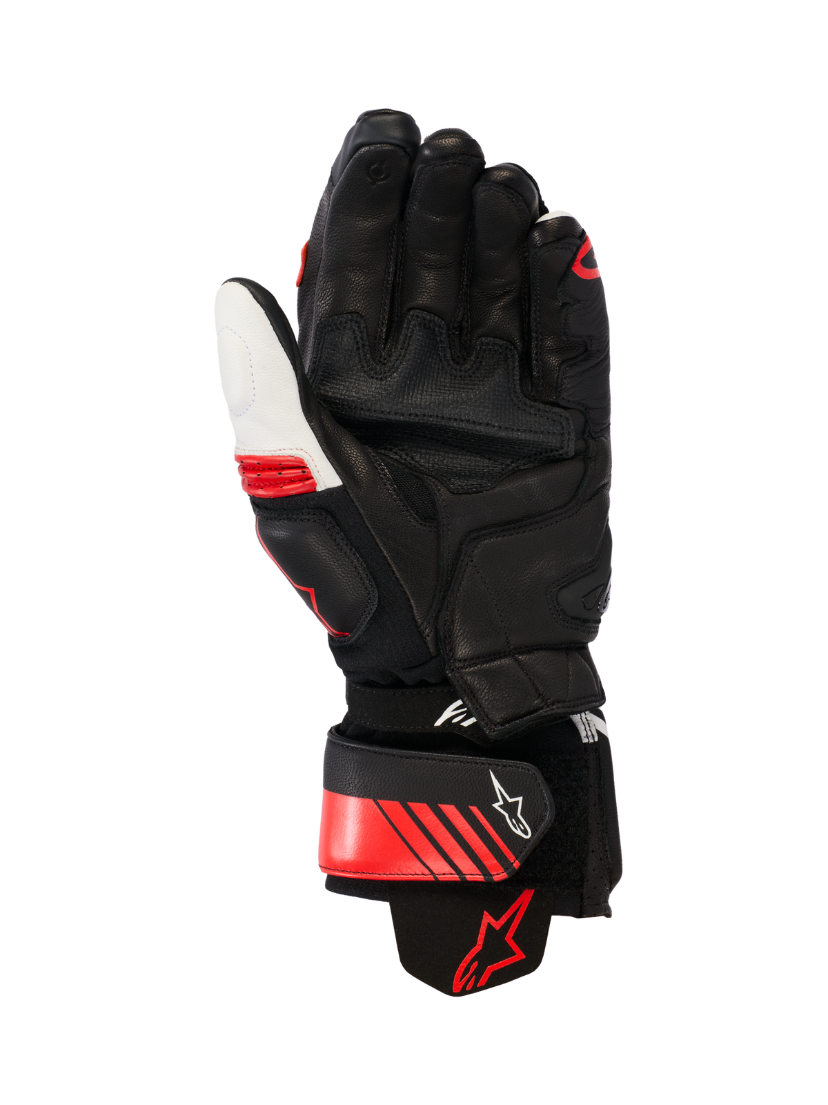 Alpinestars GP Plus R V3 Leather Gloves, Racing/Sport Motorcycle Gloves, Black White and Bright Red, palm view showing reinforced leather construction, palm sliders, and an aramid stretch cuff, featuring a secure wrist strap with Alpinestars logo and ergonomic pre-curved design