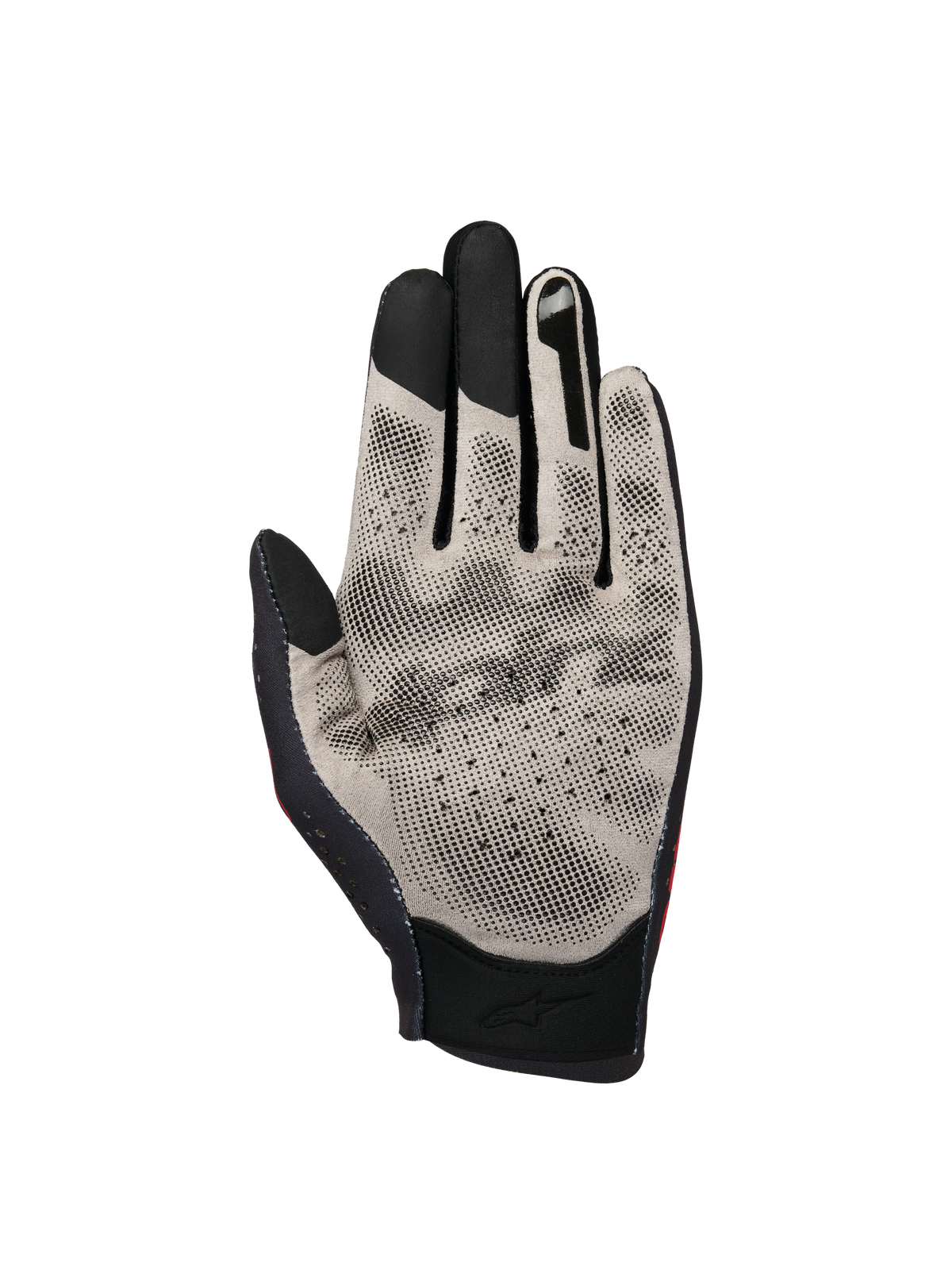 Alpinestars Sim Gloves Graphic 1, guantes para carreras SIM, vista de la palma en gris claro y negro, con tejido Nanofront y patrón de agarre 3D texturizado, puntas de los dedos compatibles con pantallas táctiles y diseño perforado transpirable.