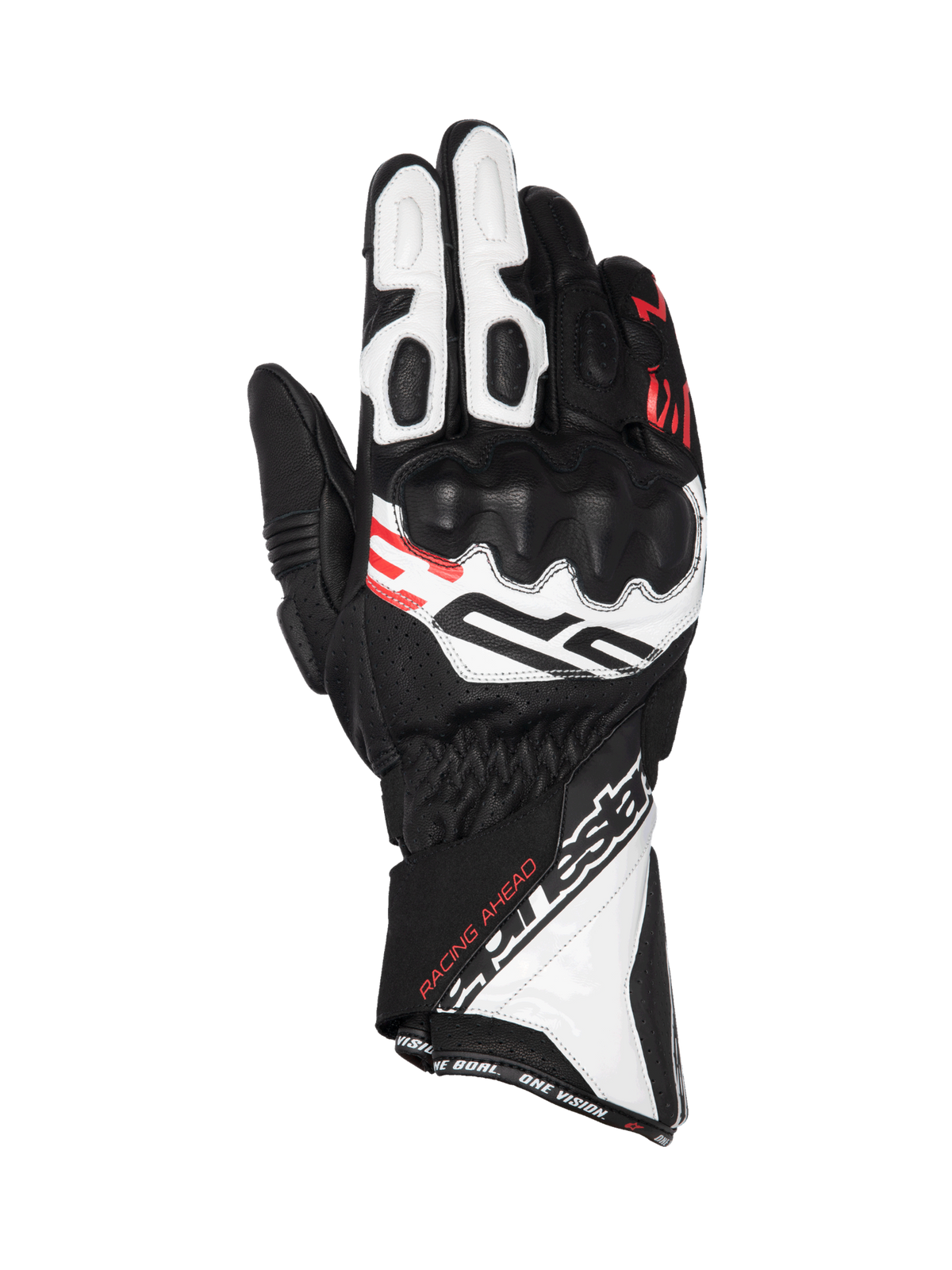 Alpinestars SP-3 long cuff road racing gloves, black, white, and red leather with CE certified knuckle protection.