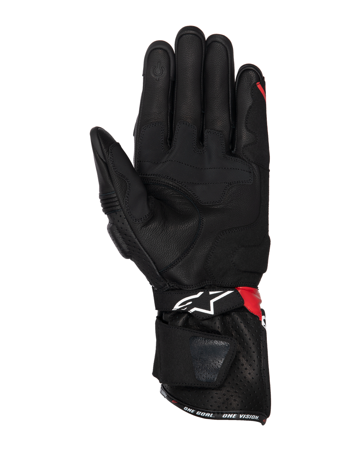Guantes Alpinestars SP-3, guantes de moto, negro, rojo brillante y blanco, vista de la palma que muestra la construcción de cuero con refuerzos de agarre, punta del dedo compatible con pantalla táctil, puño largo con logo blanco y detalles rojos, diseño deportivo y de carreras