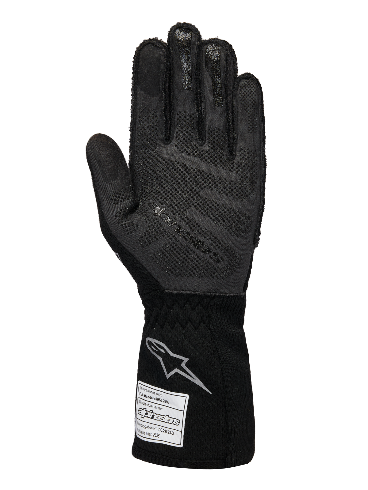 Guantes Alpinestars Edición Limitada Lamborghini Tech-1 ZX V4, guantes de automovilismo, negro y gris oscuro, vista de la palma con tecnología de agarre de silicona 3D, logotipo plateado en el puño, etiqueta de homologación FIA, equipamiento profesional de automovilismo