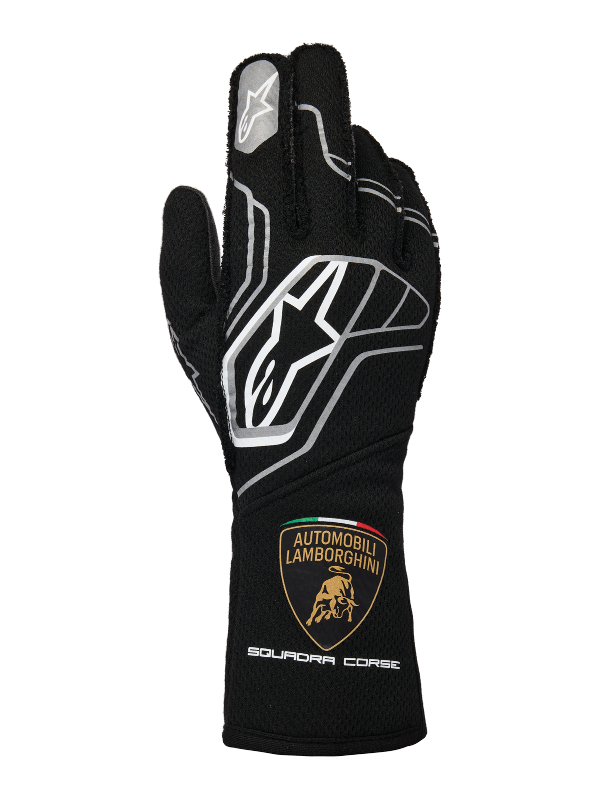 Guantes Alpinestars Edición Limitada Lamborghini Tech-1 ZX V4, negros con detalles en gris oscuro y blanco, con el prominente logo de Alpinestars y el escudo de Automobili Lamborghini Squadra Corse en el puño, guantes de automovilismo profesionales con certificación FIA