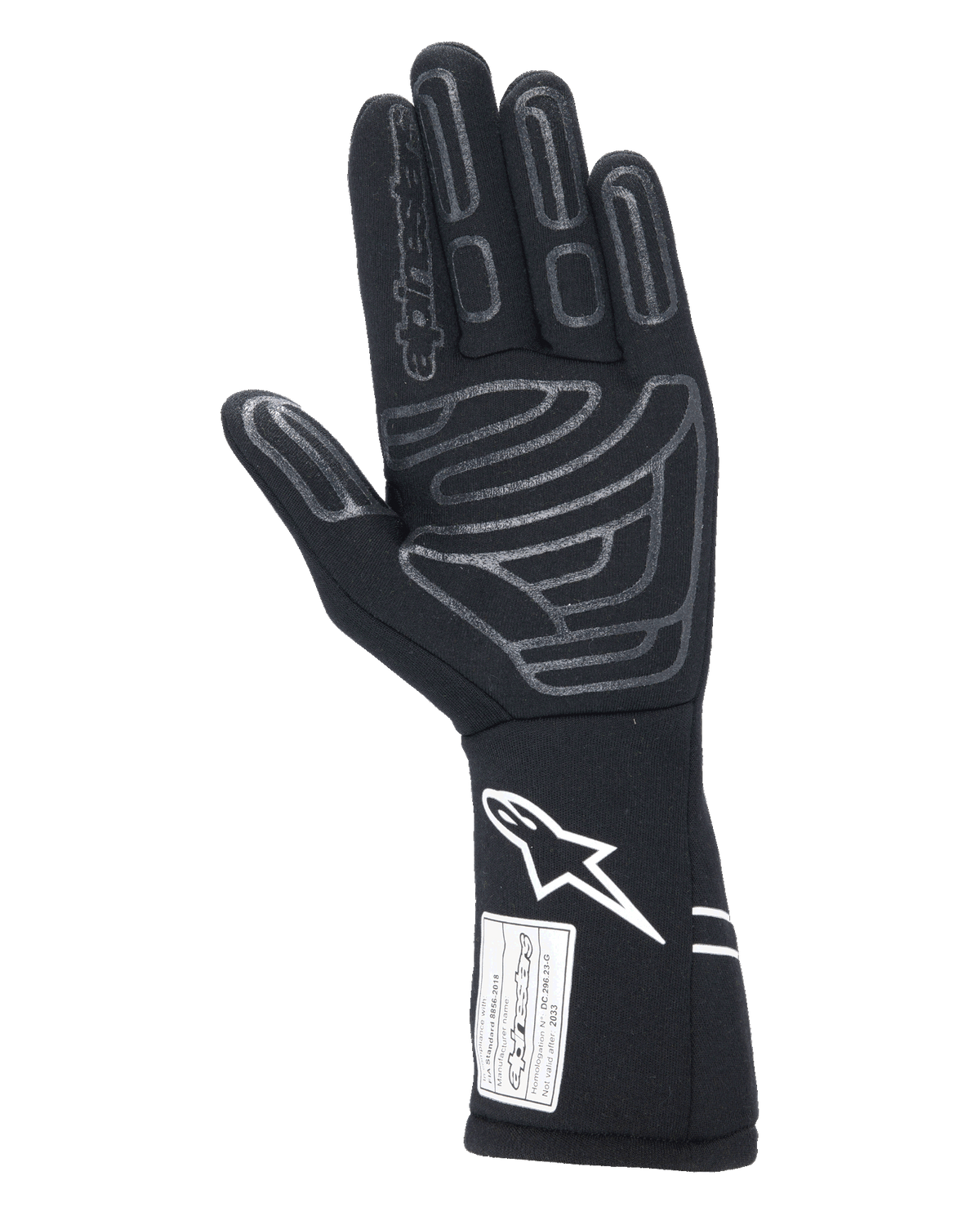 Guantes Alpinestars Tech-1 Start V4 FIA, guante de automovilismo negro, vista de la palma con patrones de agarre de silicona gris en los dedos y la palma, logotipo Astars blanco en el puño extendido, etiqueta de certificación FIA, equipo profesional de automovilismo