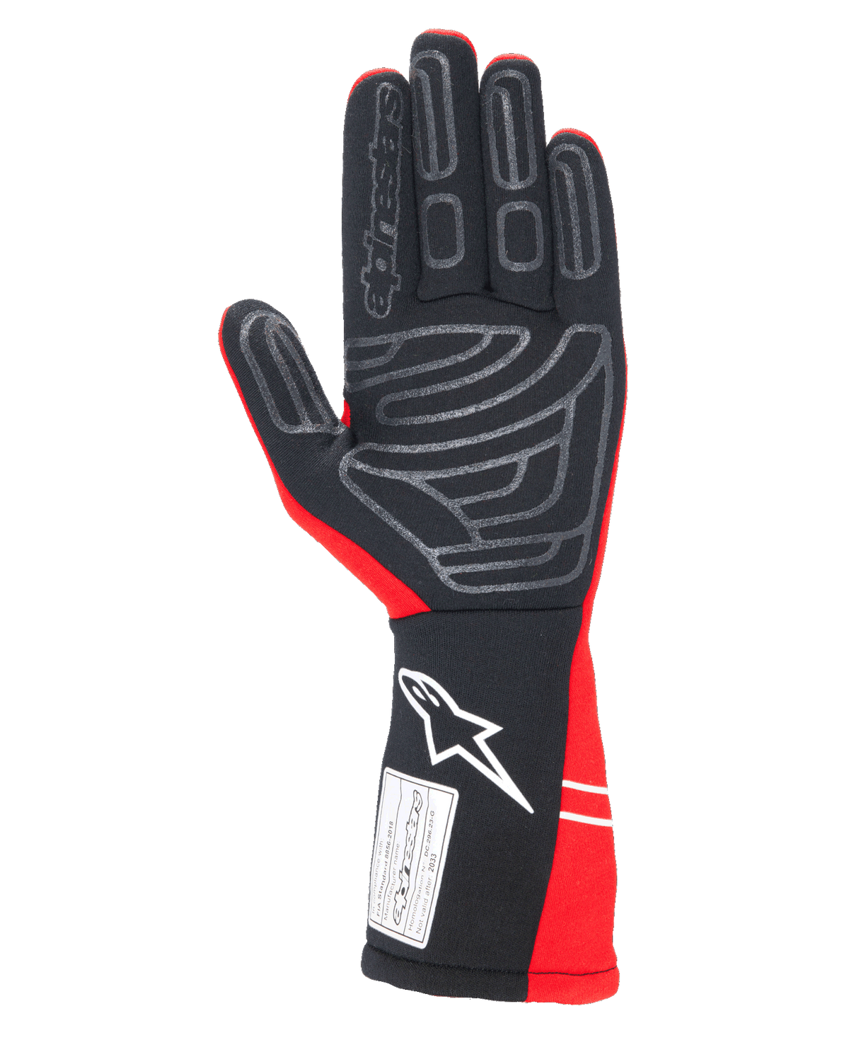 Guantes Alpinestars Tech-1 Start V4 FIA, guantes de automovilismo, rojos y negros, vista de la palma con patrones de agarre de silicona gris, logotipo blanco de Alpinestars en el puño extendido y etiqueta de certificación FIA 8856-2018