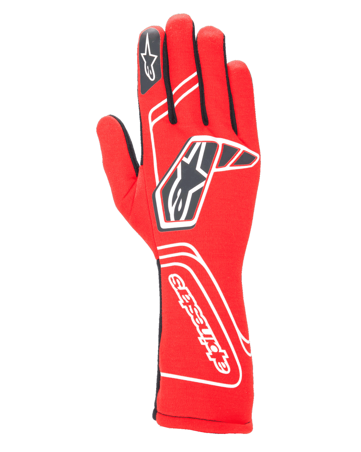 Alpinestars Tech-1 Start V4 Gloves FIA, guantes de automovilismo, rojos con detalles en negro y blanco, cuentan con un logotipo de estrella prominente en el dorso y el nombre de la marca en el puño, diseño de puño extendido, equipamiento profesional de automovilismo