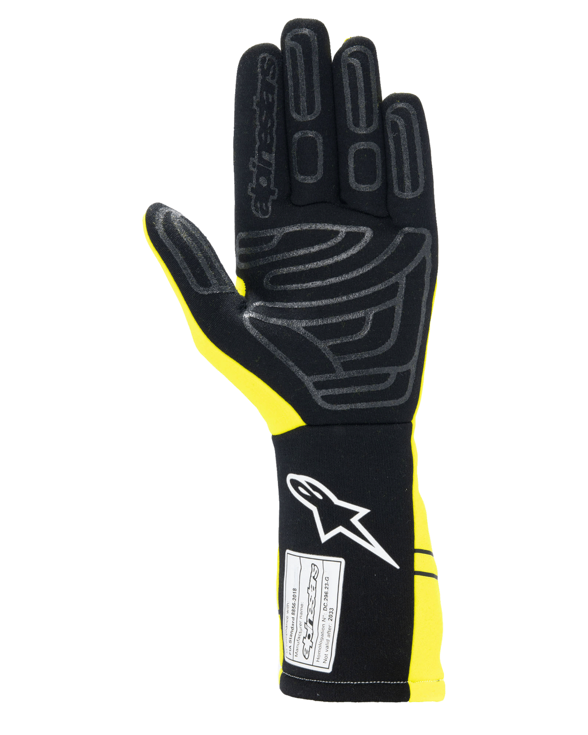 Alpinestars Tech-1 Start V4 Gloves FIA, guantes de automovilismo, amarillo fluorescente y negro, vista de la palma con patrones de agarre de silicona, puño extendido con logotipo blanco y etiqueta de certificación FIA