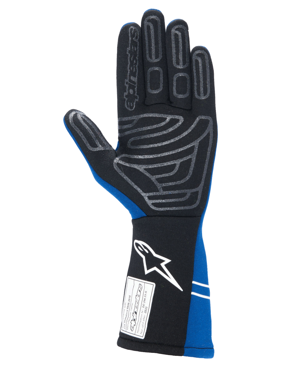 Guantes Alpinestars Tech-1 Start V4 FIA, guantes de automovilismo, azul real y negro, vista de la palma con patrón de agarre de silicona gris en los dedos y la palma, puño extendido con logotipo blanco y etiqueta de homologación FIA