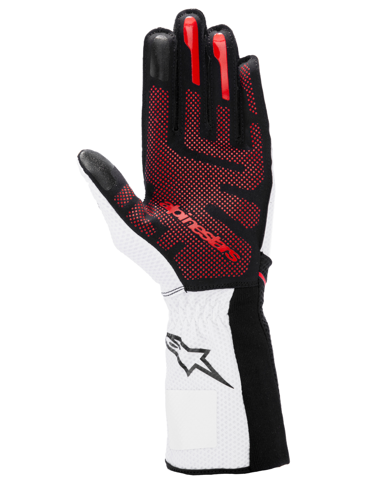 Guantes Alpinestars Tech-1 KX V4, guantes de karting, negro, blanco y rojo, vista de la palma con patrón de agarre de silicona 3D roja, muñeca blanca con logotipo de estrella negro, diseño de automovilismo de alto rendimiento