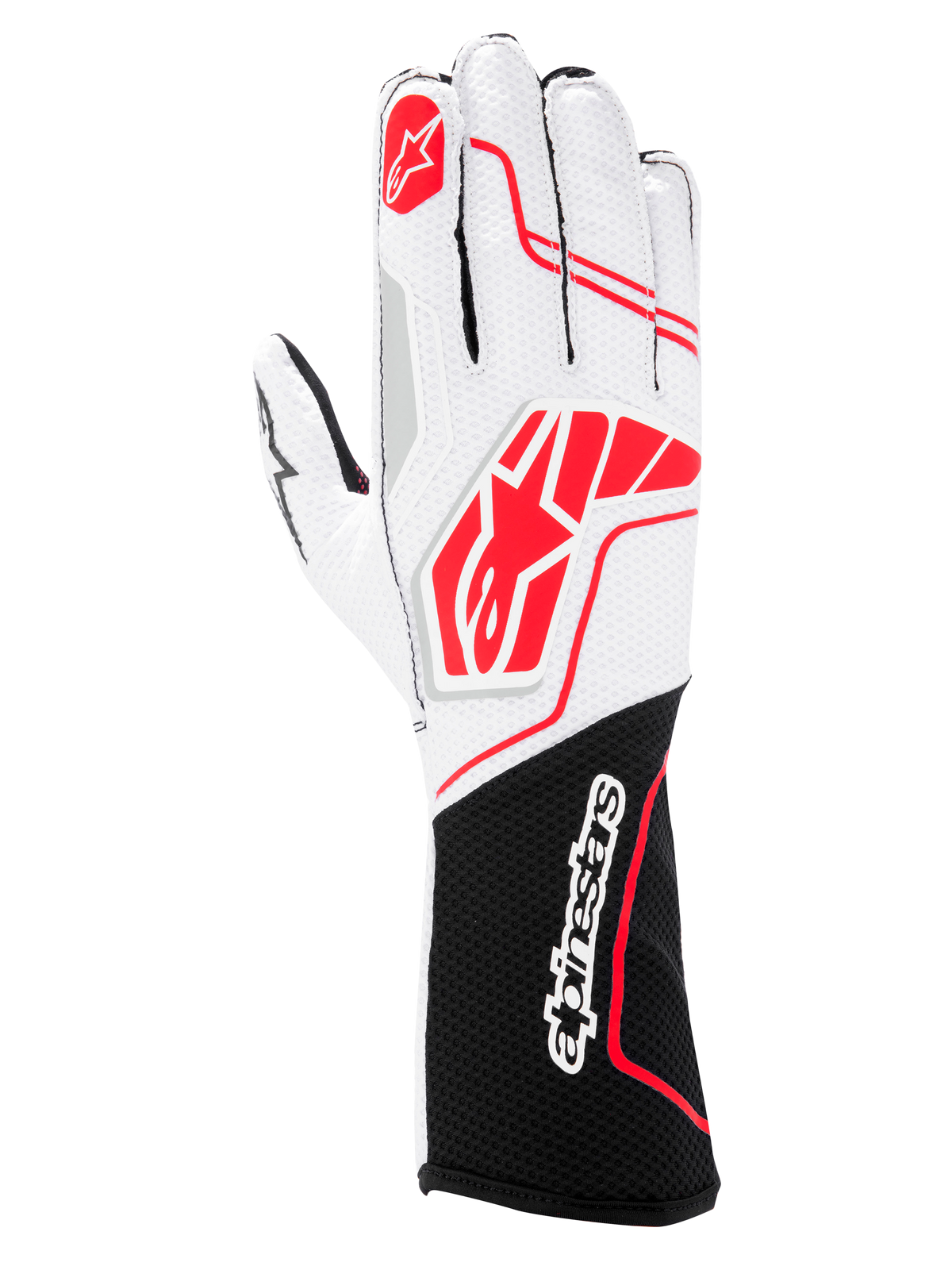 Guantes Alpinestars Tech-1 KX V4, guantes de karting, negros, blancos y rojos, con una parte superior de malla blanca transpirable, logotipos rojos de Alpinestars y un puño negro con el nombre de la marca en blanco.