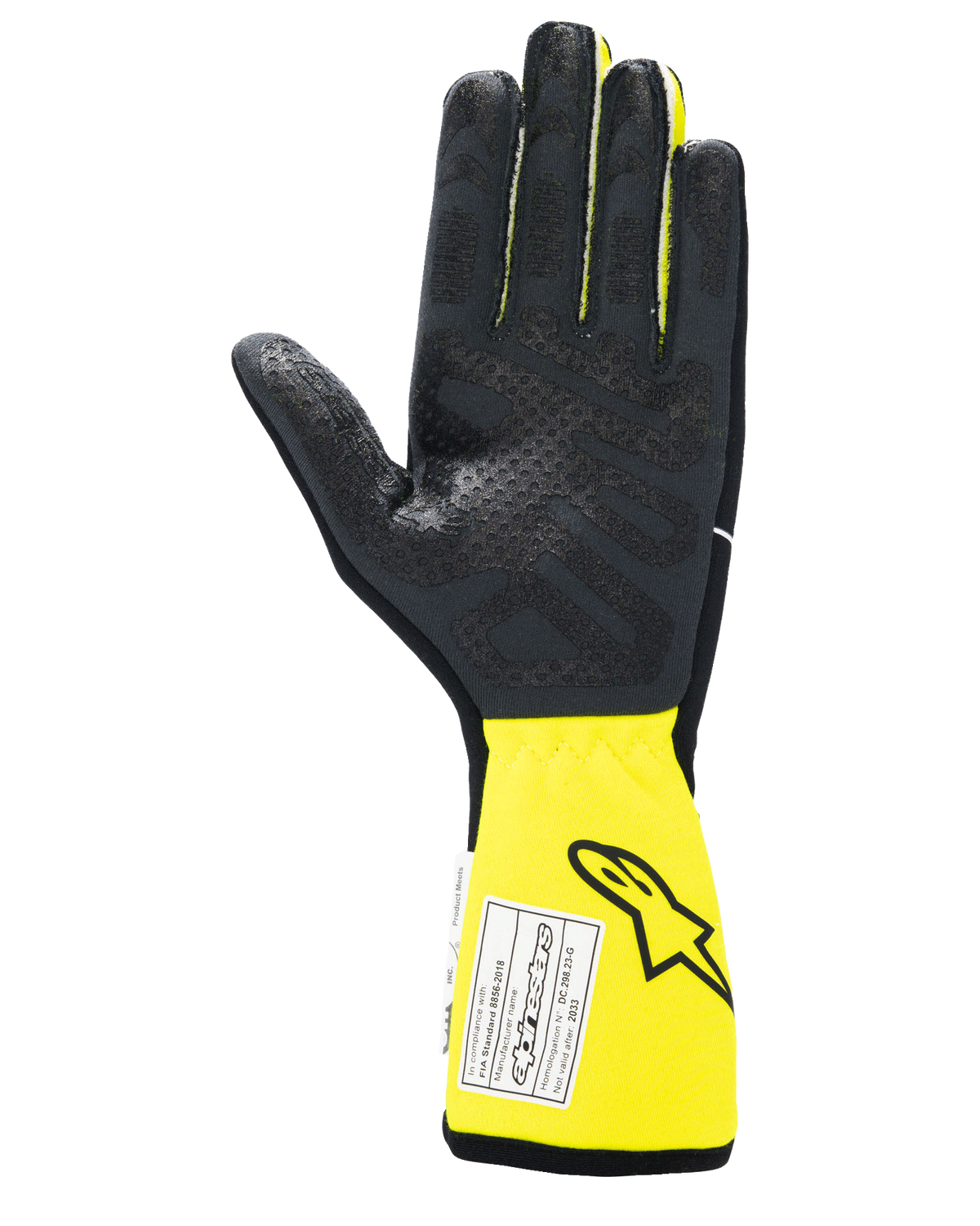 Guantes Alpinestars Tech-1 Race V4, guantes de automovilismo, negro y amarillo flúor, vista de la palma con agarre de silicona texturizada, puño amarillo extendido con etiqueta de certificación FIA, equipo de alto rendimiento para automovilismo