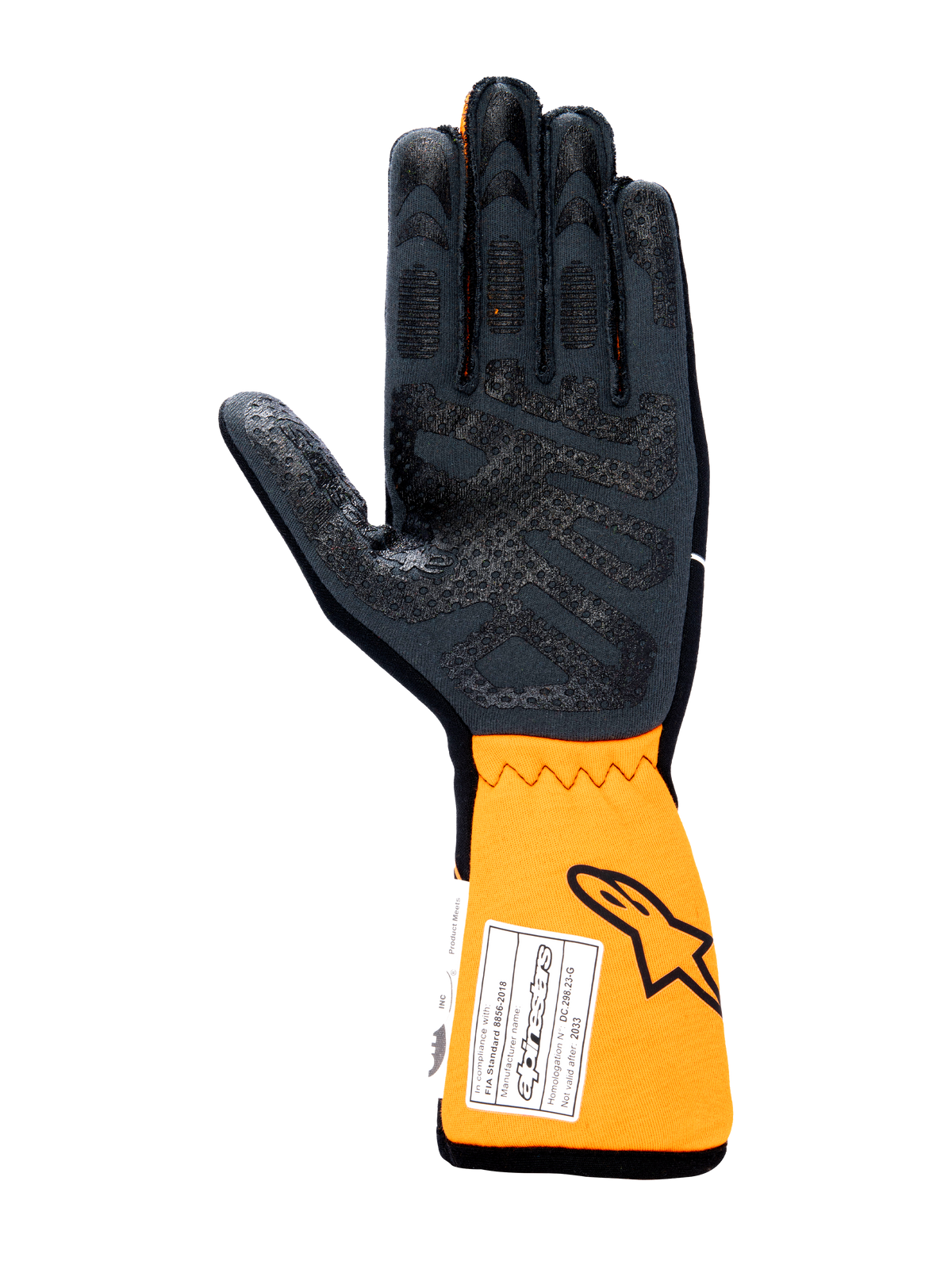 Guantes Alpinestars Tech-1 Race V4, guantes de automovilismo, vista de la palma en color negro y naranja flúor, con patrón de agarre de silicona en la palma y los dedos, puño naranja extendido con etiqueta de homologación FIA y logotipo de Astars