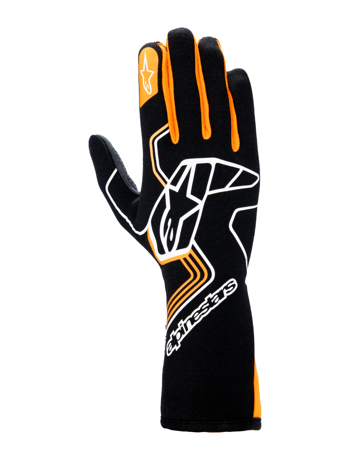 Guantes Alpinestars Tech-1 Race V4, guantes de automovilismo, negro y naranja fluorescente, con un gran logotipo Astar blanco en el dorso de la mano, detalles naranjas en los dedos y diseño de puño largo para protección profesional en el automovilismo
