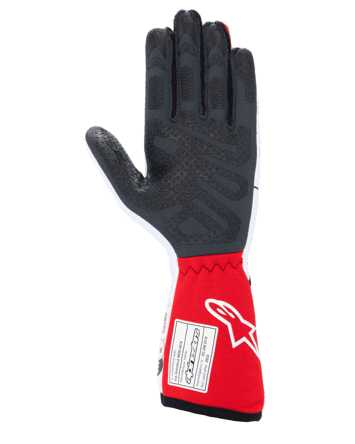Alpinestars Tech-1 Race V4 Gloves, Auto Racing Gloves, White and Red, palm view featuring textured black silicone grip patterns and an FIA 8856-2018 certification label on the red gauntlet cuff, professional motorsport gear