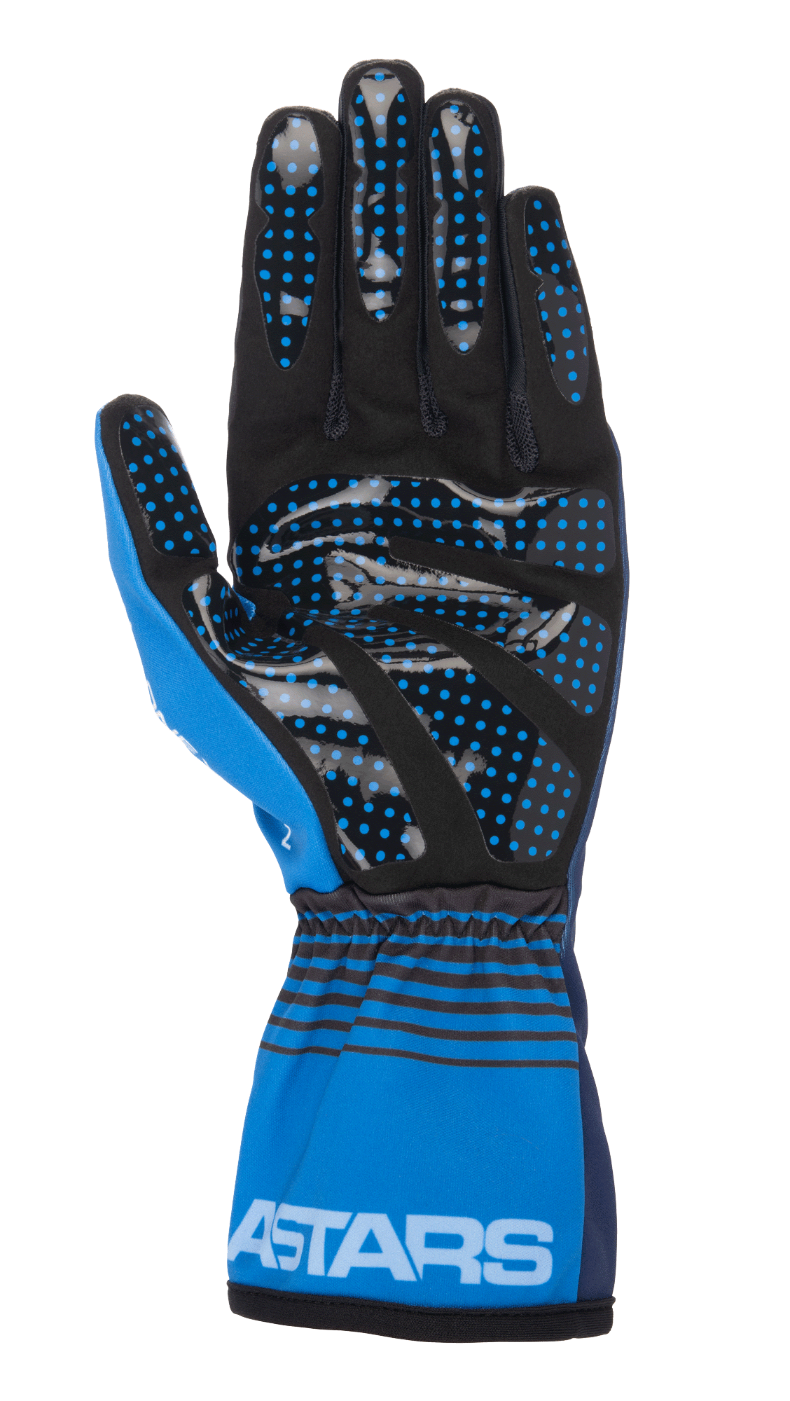 Alpinestars Tech-1 K Race V2 Future Gloves, Karting Gloves, Navy Blue and Light Blue, palm view featuring black synthetic suede with blue silicone grip dots, elasticated cuff with black horizontal stripes and white ASTARS branding