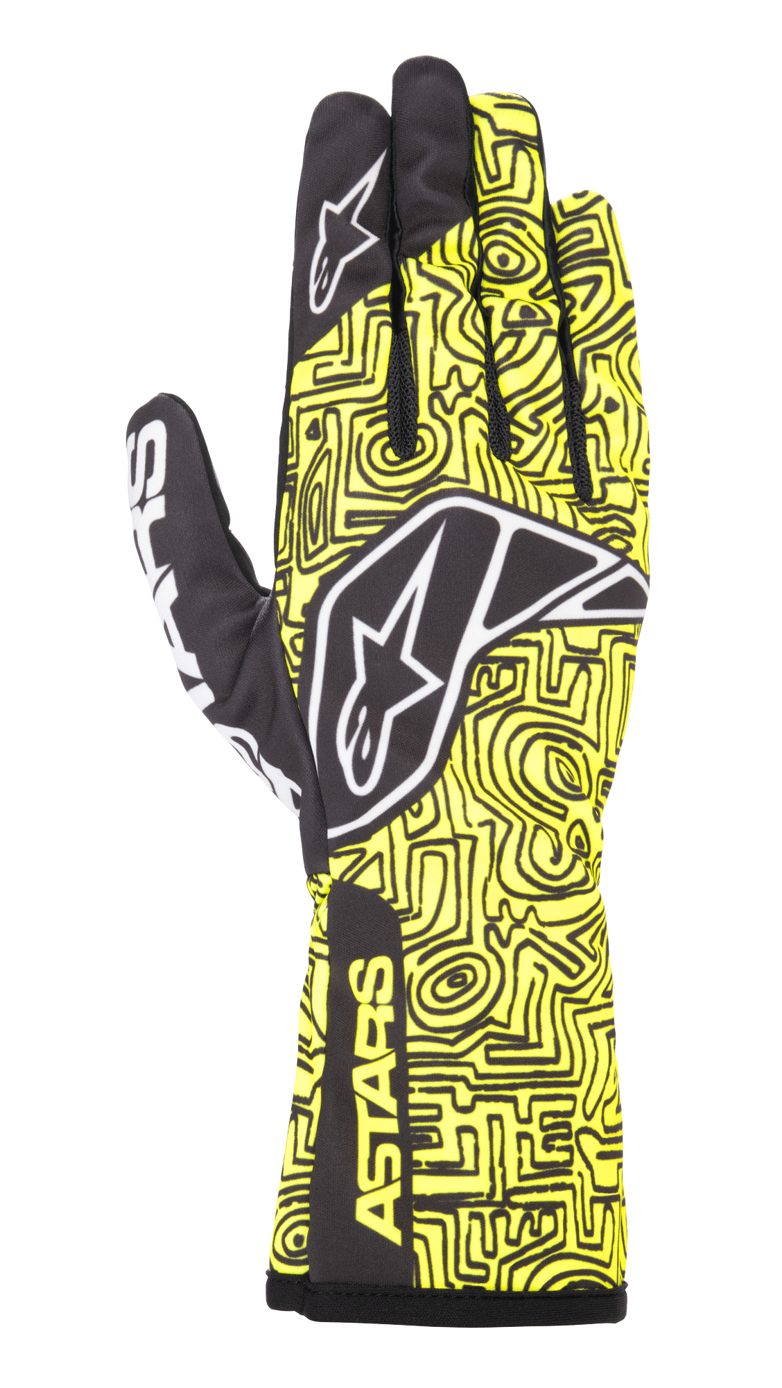 Alpinestars Tech-1 K Race V2 Vertical Gloves, Karting Racing Gloves, Yellow Fluo and Black, featuring a white star logo, intricate abstract line pattern, and ASTARS branding on the cuff, lightweight design for motorsport performance