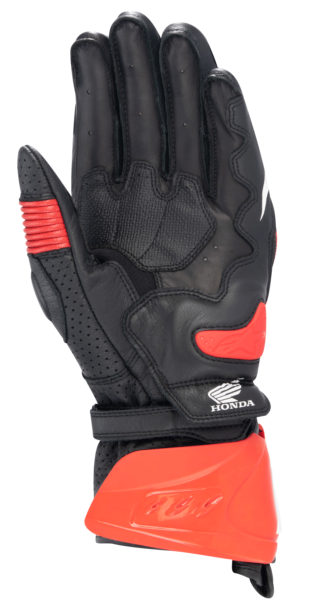 Guantes Alpinestars Honda GP Pro R3, guantes deportivos de competición de caña larga, negro y rojo brillante, vista de la palma con protector de puño rígido rojo, deslizador de palma y logotipo de Honda, equipamiento profesional de carreras de motos