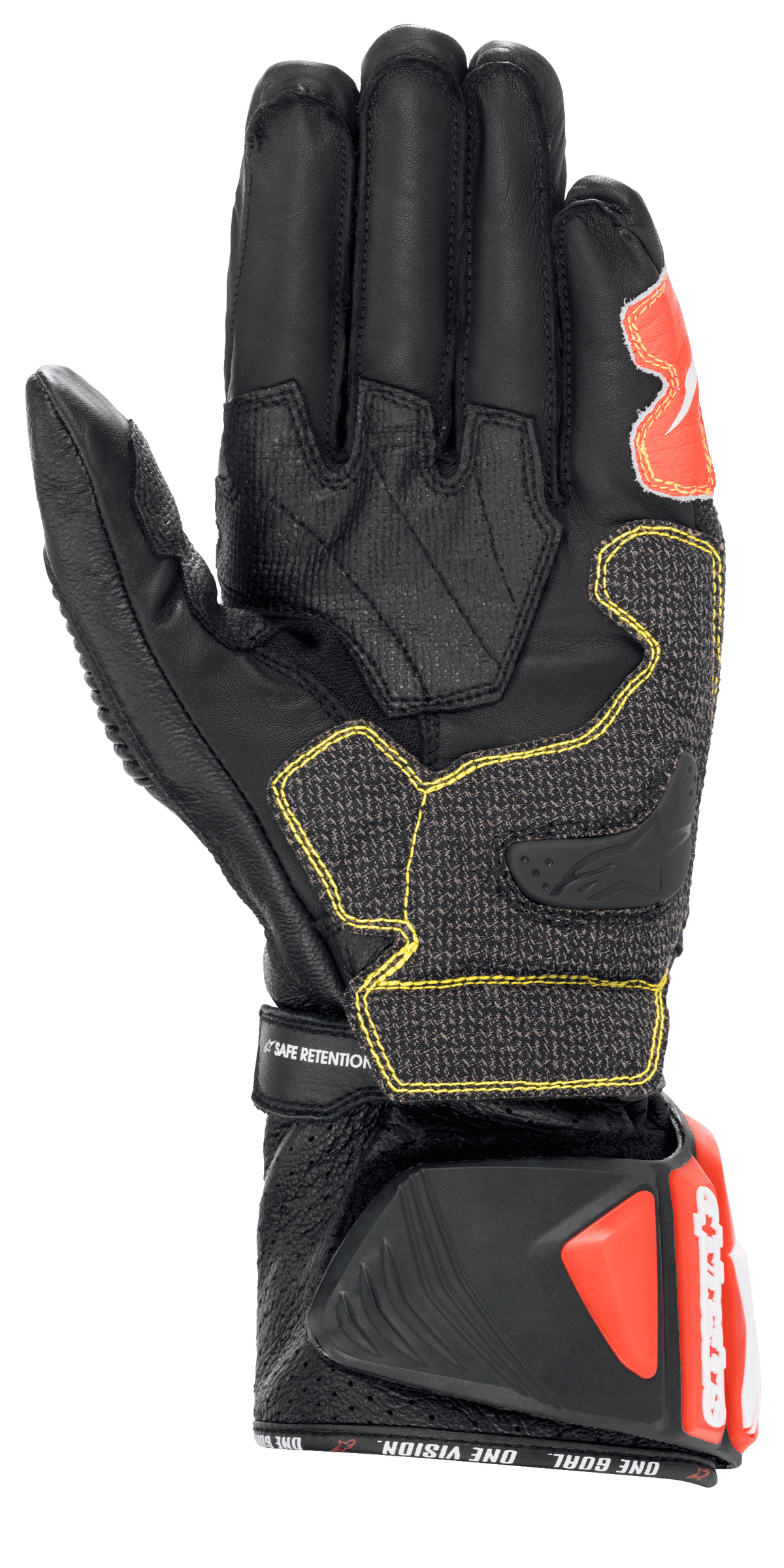 Guantes Alpinestars GP Tech V2, negro, blanco y rojo flúor, vista de la palma que muestra la construcción de cuero negro con costuras amarillas en contraste, puño protector DFS con detalles en rojo, equipamiento profesional para carreras de motos