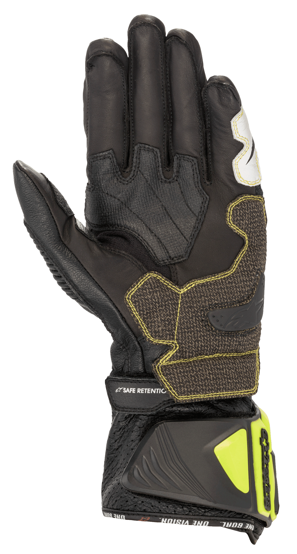 Guantes Alpinestars GP Tech V2, negro y amarillo flúor, vista de la palma con construcción en cuero de canguro, paneles de agarre reforzados con costuras amarillas, puño ergonómico con protectores amarillo flúor y correa 'SAFE RETENTION', equipamiento profesional para carreras de motos