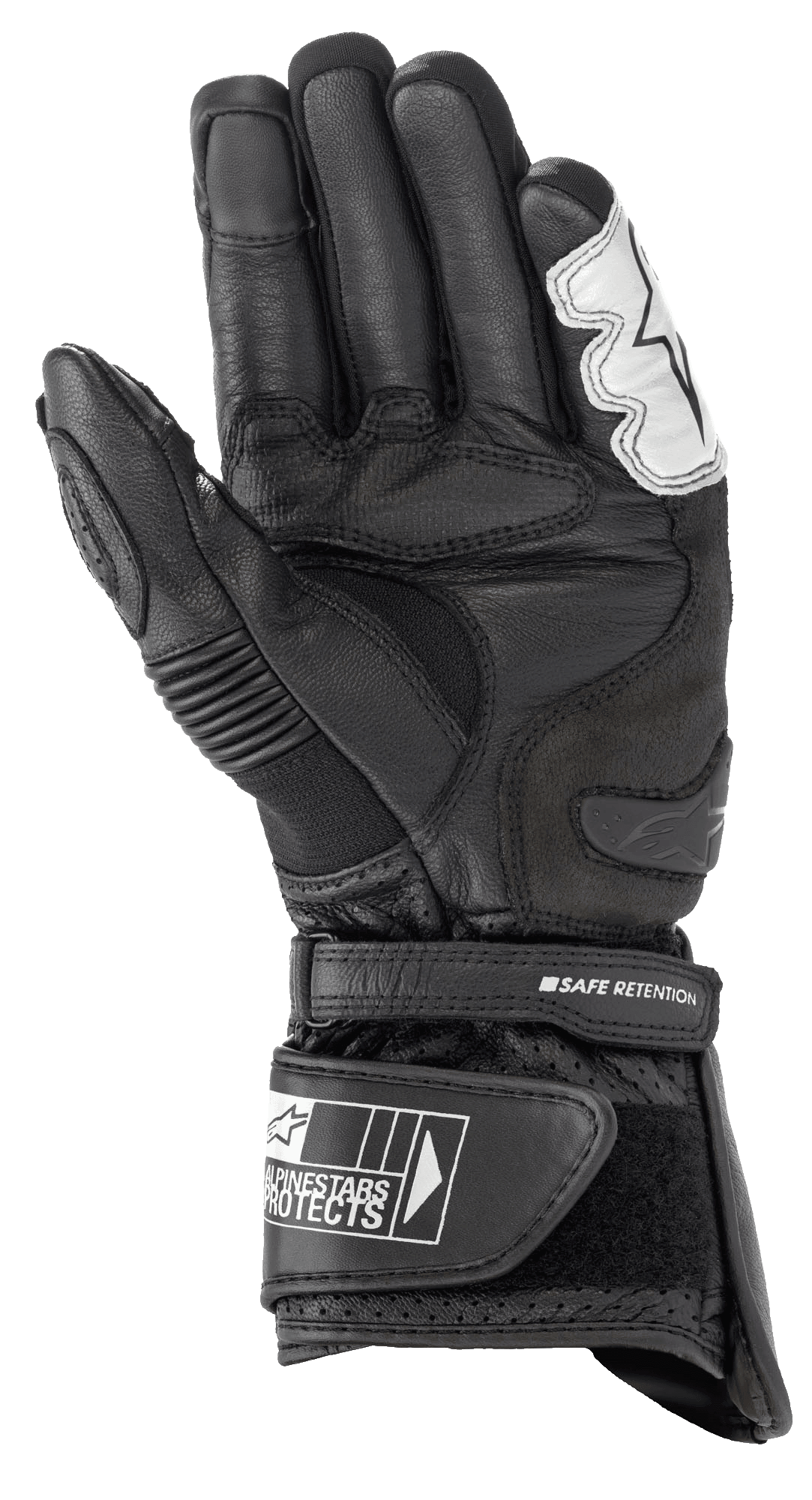 Guantes Alpinestars SP-2 V3, guantes de moto de carretera, negro y blanco, vista de la palma con confección en cuero de plena flor, deslizador de TPU en la palma y puño ajustable con correa Safe Retention y marca Alpinestars