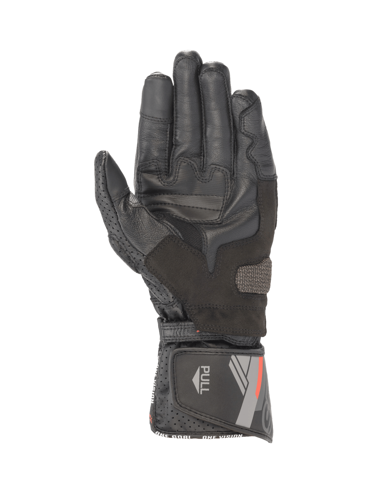 Alpinestars SP-8 V3, guantes de moto de cuero para hombre, negros, vista de la palma con refuerzos de agarre y cierre de velcro seguro en el puño, fabricados en piel de cabra resistente con certificación CE
