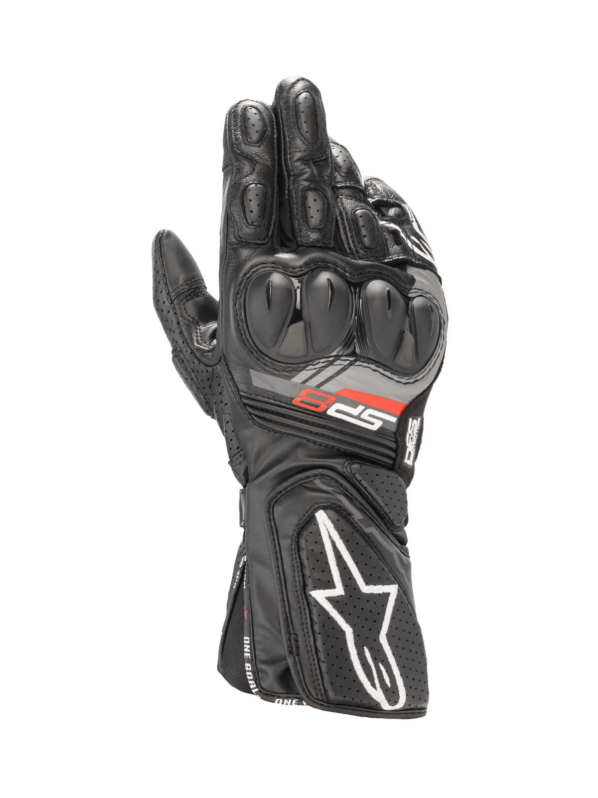 Alpinestars SP-8 V3, guantes de moto para carreras de hombre, negros con detalles en blanco y rojo, protección de nudillos de doble densidad y construcción de cuero de cabra premium.
