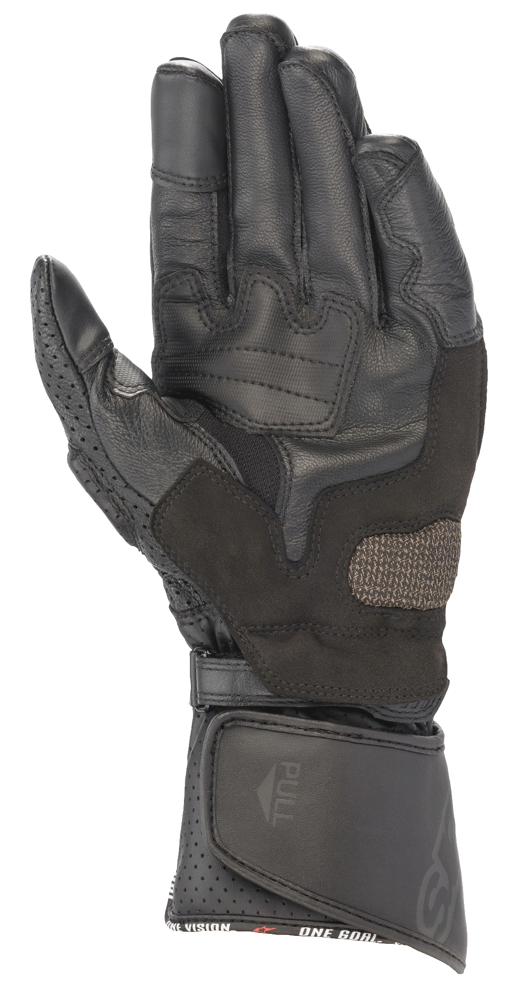 Alpinestars SP-8 V3 Leather Gloves, Black Black, palm view showing reinforced grip pads, perforated thumb, and adjustable hook and loop cuff closure, high-performance motorcycle racing protection