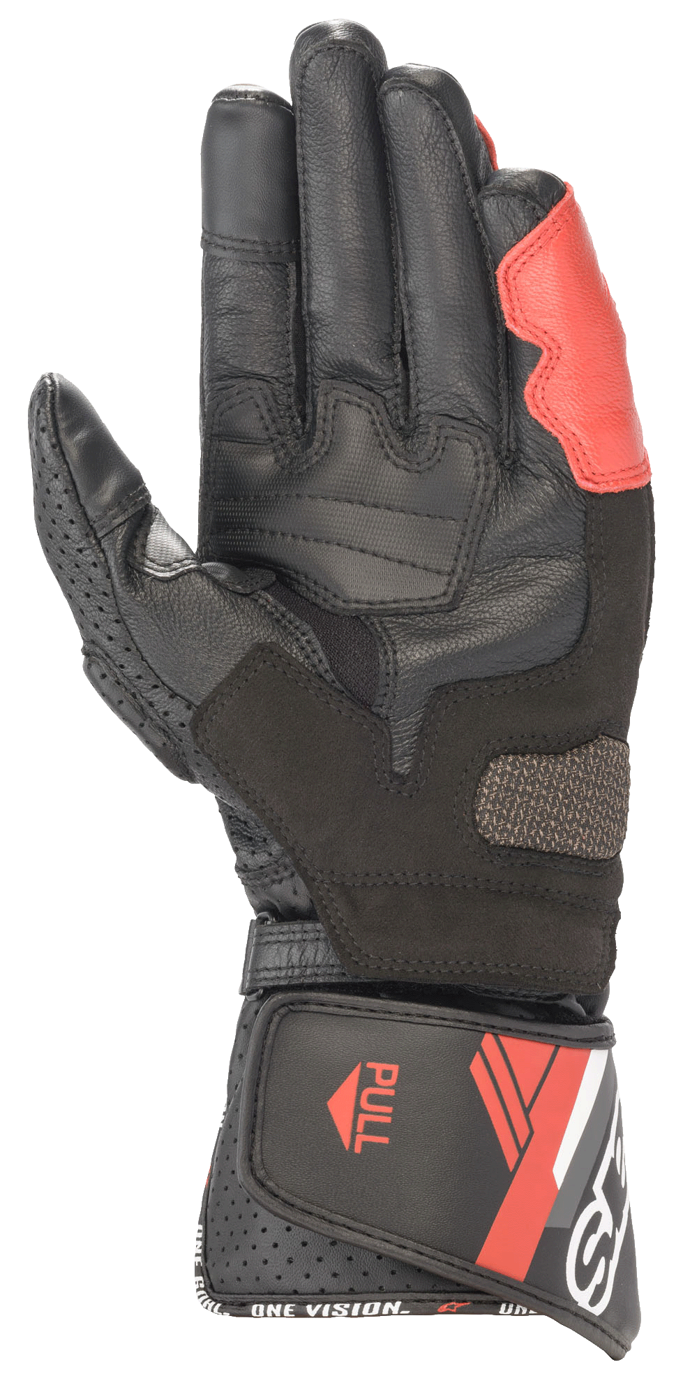 Guantes de cuero Alpinestars SP-8 V3, negro, blanco y rojo brillante, vista de la palma que muestra la construcción de cuero reforzado, inserciones de agarre acolchadas y un puño largo con cierre de velcro y la marca 'ONE VISION'