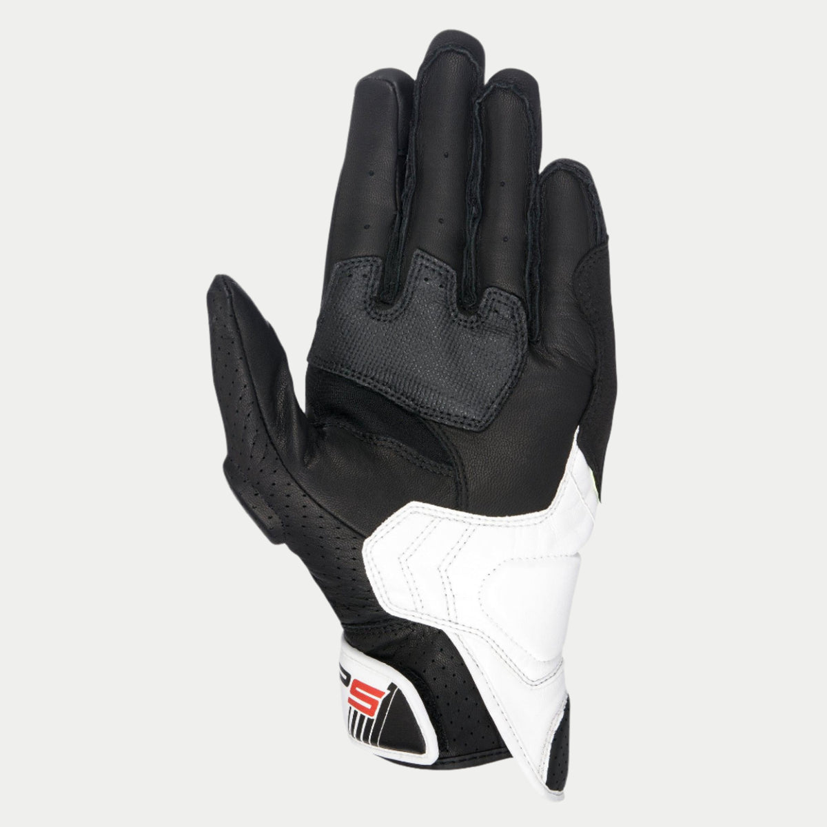 Guantes Alpinestars SP-5, vista de la palma, cuero negro y blanco, con inserciones de agarre de microfibra en la palma y el pulgar, cuero perforado para ventilación, refuerzo blanco en el lateral del meñique y marca SP-5 en el cierre de la muñeca