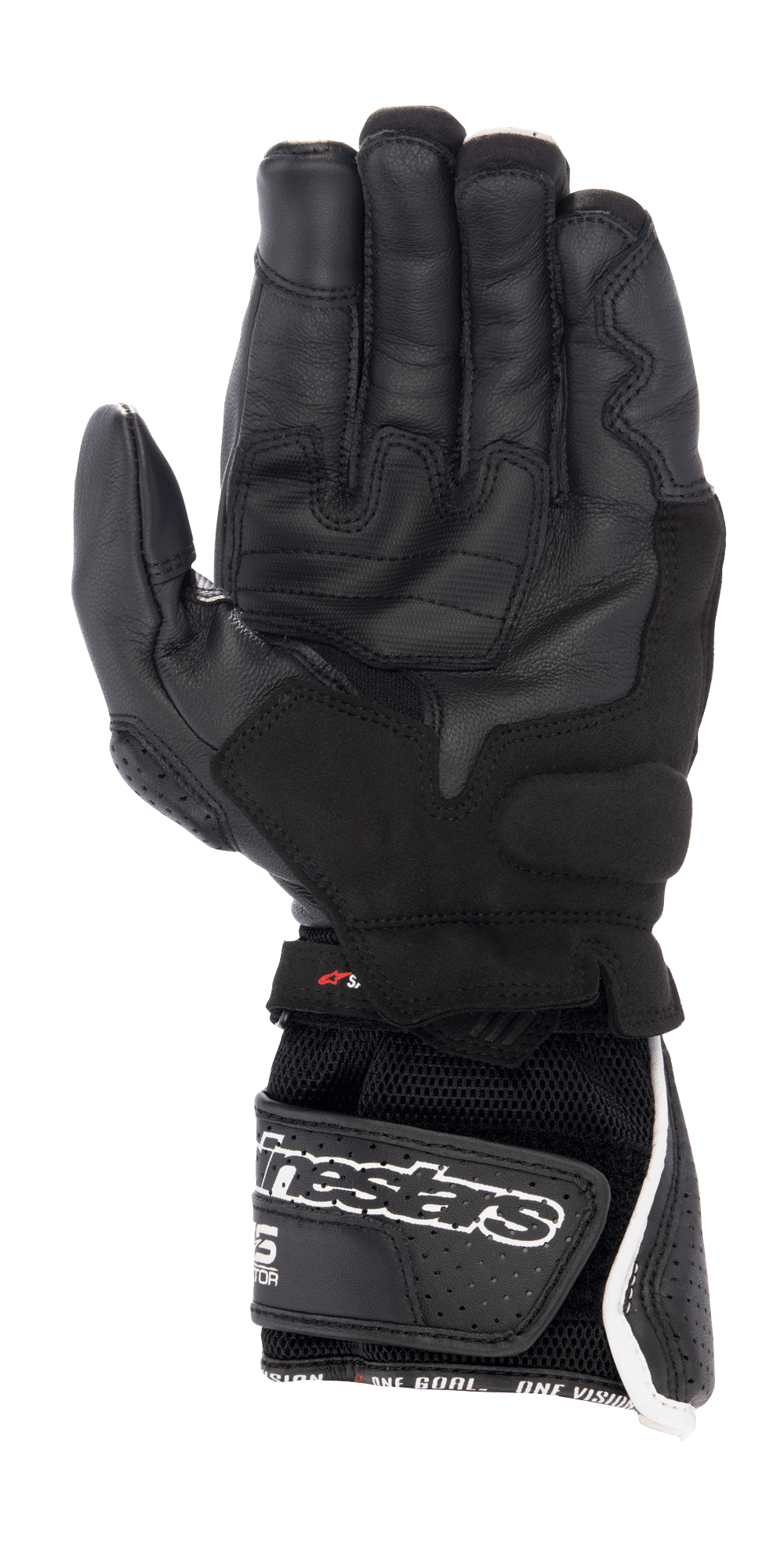 Guantes Alpinestars SP-8 V3 Air, guantes de moto, negros con detalles en blanco y rojo, vista de la palma con cuero perforado, zonas de agarre reforzadas y puño de malla 3D con un logotipo grande de Alpinestars en la correa de velcro