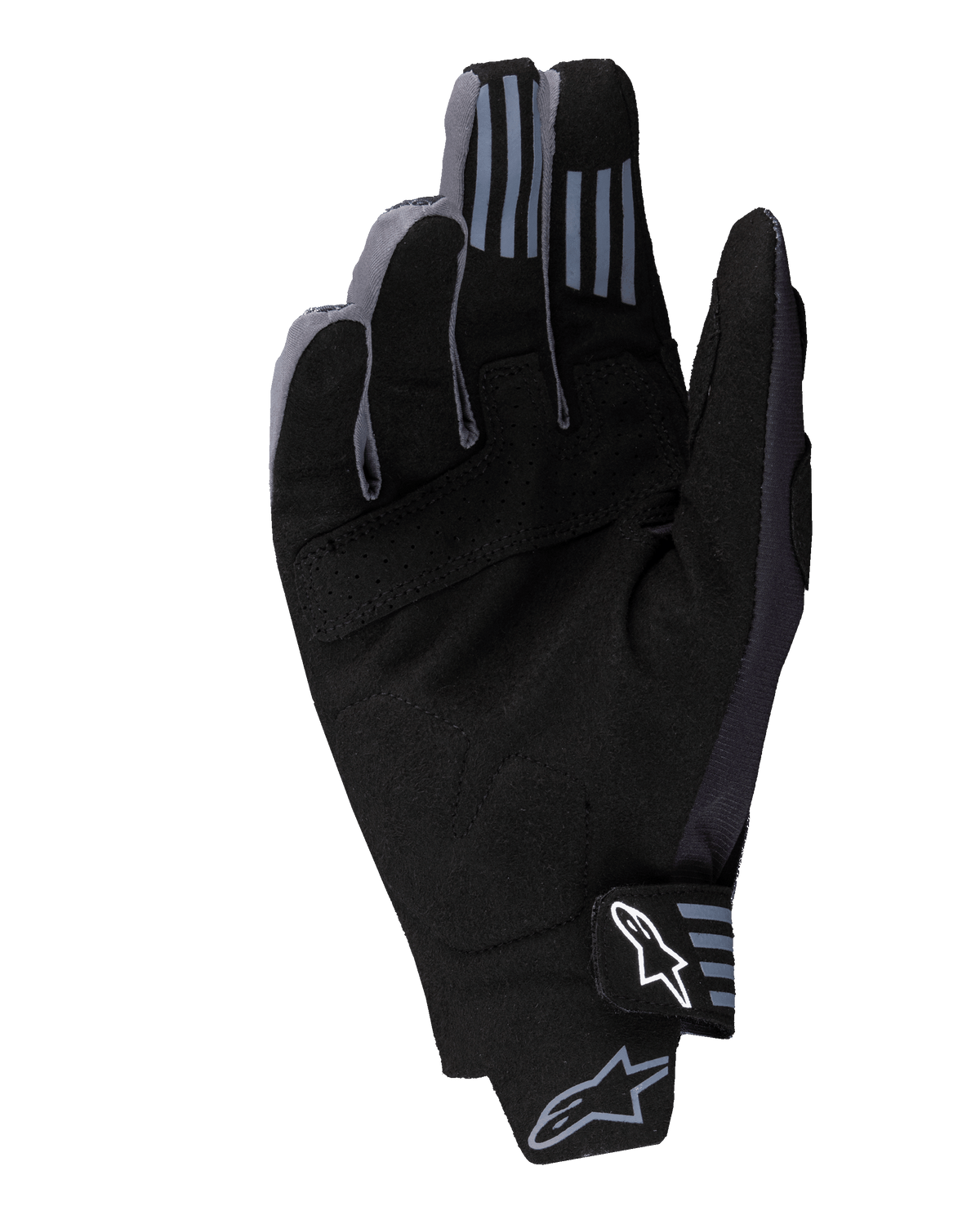 Guantes Alpinestars Techstar 2025, guantes de motocross, negros, vista de la palma que muestra material de ante sintético con detalles perforados, agarre de silicona en las puntas de los dedos y logotipo blanco de Alpinestars en el cierre de la muñeca.