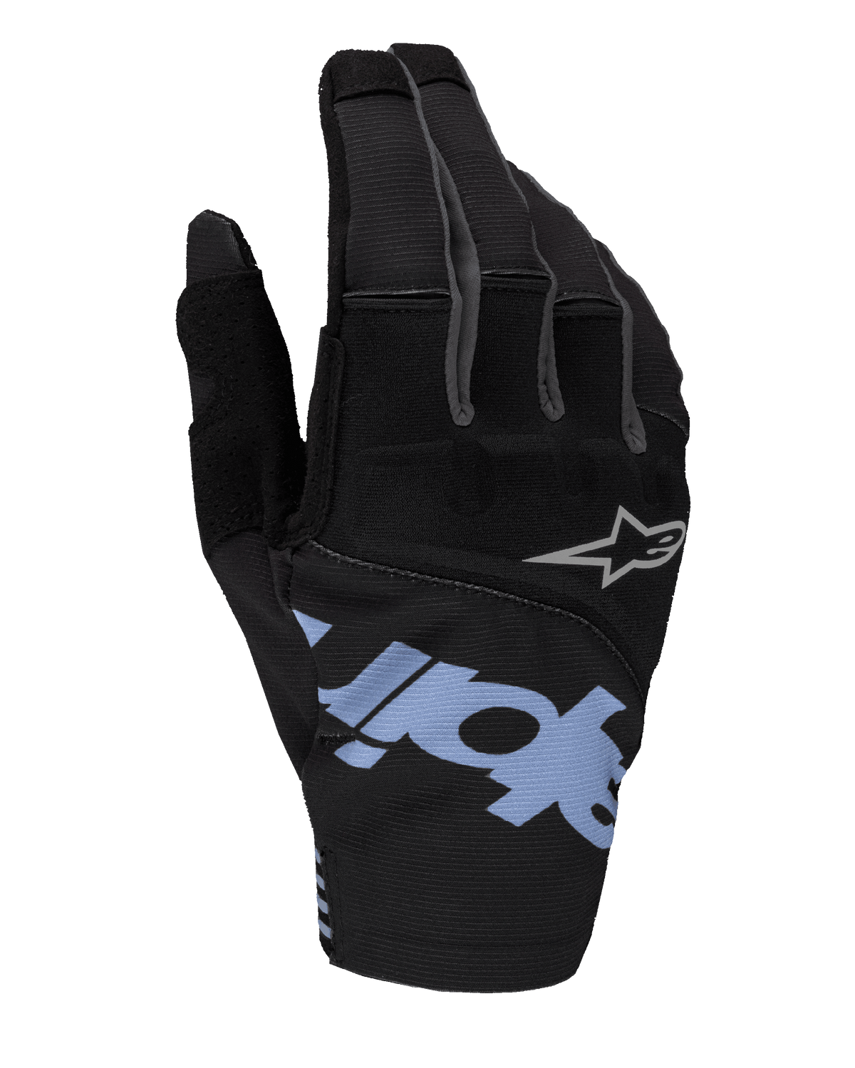 Guantes Alpinestars Techstar 2025, guantes de motocross, negros con detalles en azul claro y gris, con marca grande en azul claro y pequeño logotipo de estrella gris, dorso de ripstop elástico y neopreno para carreras off-road