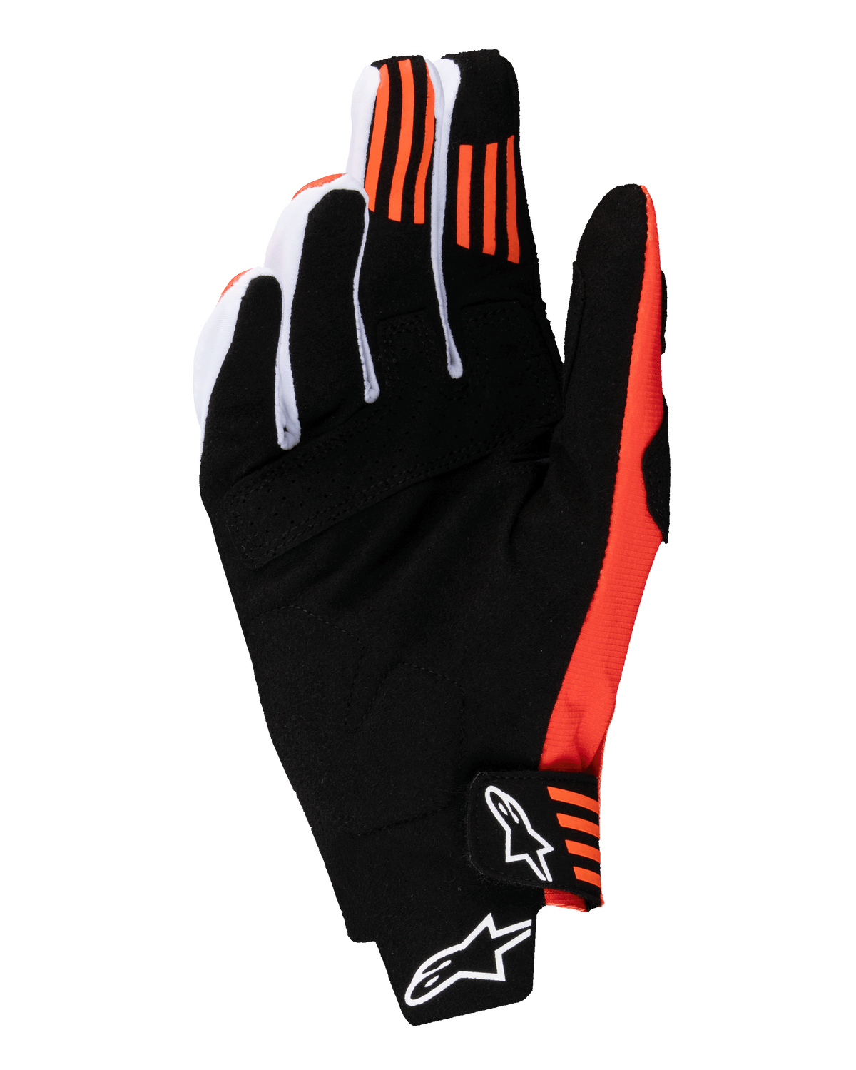Guantes Alpinestars Techstar 2025, guantes de motocross, negro y naranja intenso, vista de la palma con ante sintético, agarre de silicona naranja en las puntas de los dedos índice y medio, y cierre moldeado con logotipo blanco de Alpinestars.