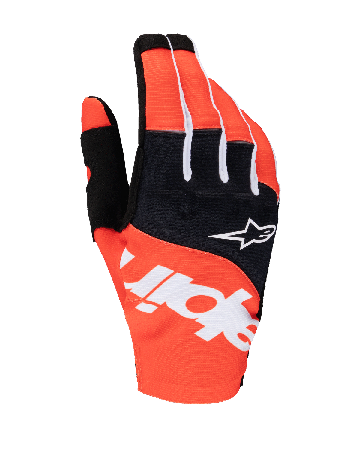 Guantes Alpinestars Techstar 2025, guantes de motocross, negro y naranja, con la marca Alpinestars blanca en el dorso, logotipo de estrella blanca en el panel de los nudillos negro, equipamiento textil de alto rendimiento para carreras off-road