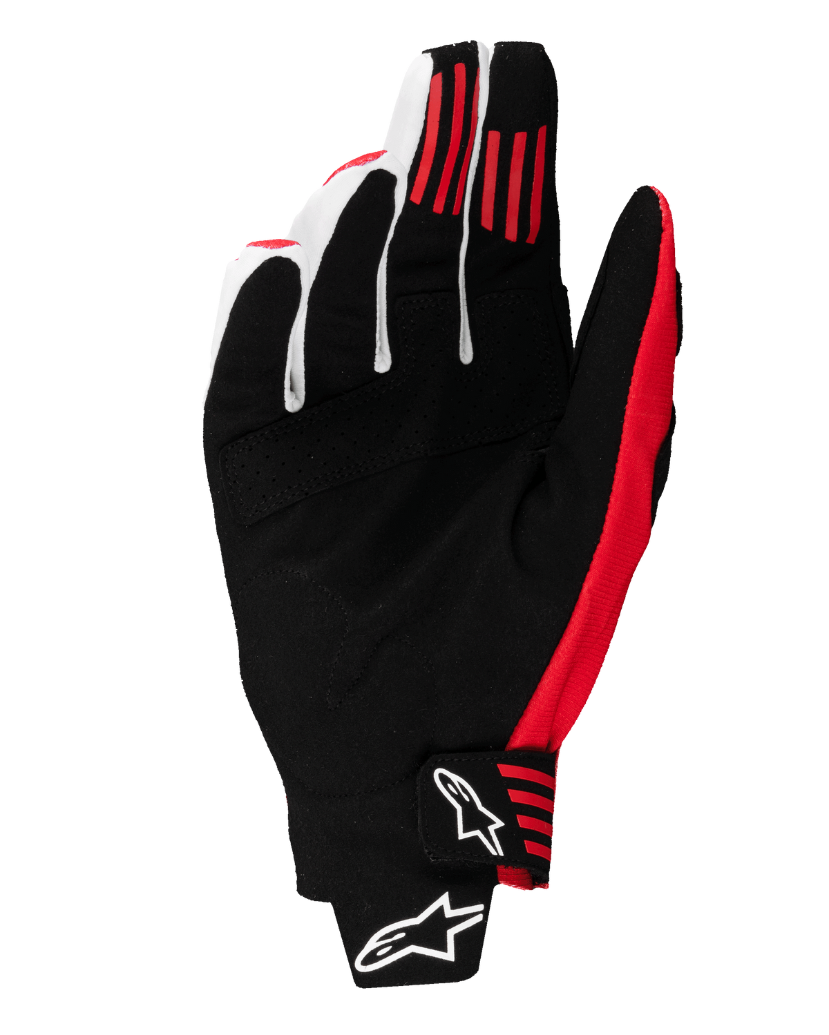 Guantes Alpinestars Techstar 2025, guantes de motocross, negro y rojo brillante, vista de la palma que muestra la construcción de ante sintético, franjas de agarre de silicona roja en los dedos y cierre de muñeca moldeado con logotipos blancos de Alpinestars