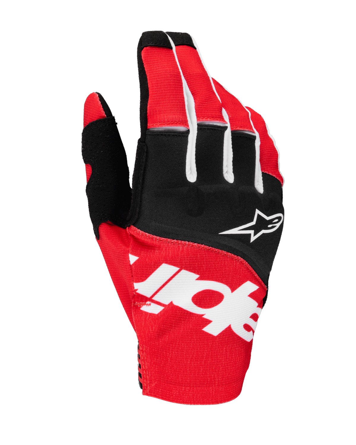 Guantes Alpinestars Techstar 2025, guantes de motocross, negro y rojo brillante con detalles blancos, con gran logotipo Alpinestars sublimado en el dorso y logo de estrella en los nudillos, tejido elástico duradero para carreras todoterreno
