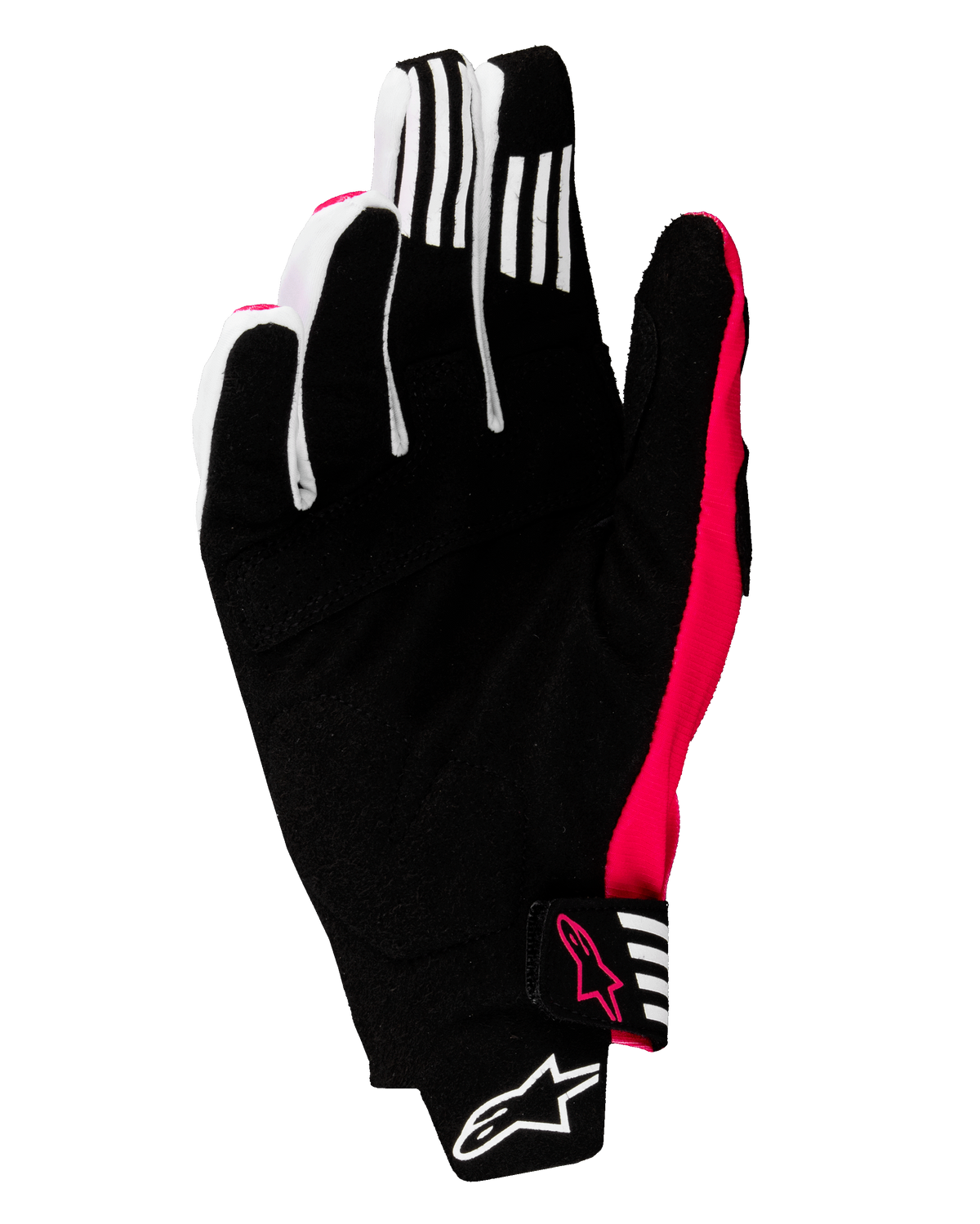 Alpinestars 2025 Techstar Gloves, Motocross Gloves, Black and Pink Fluo, palm view featuring reinforced synthetic suede, white grip stripes on fingers, pink fluo accents and logos, seamless wrist closure with Alpinestars branding