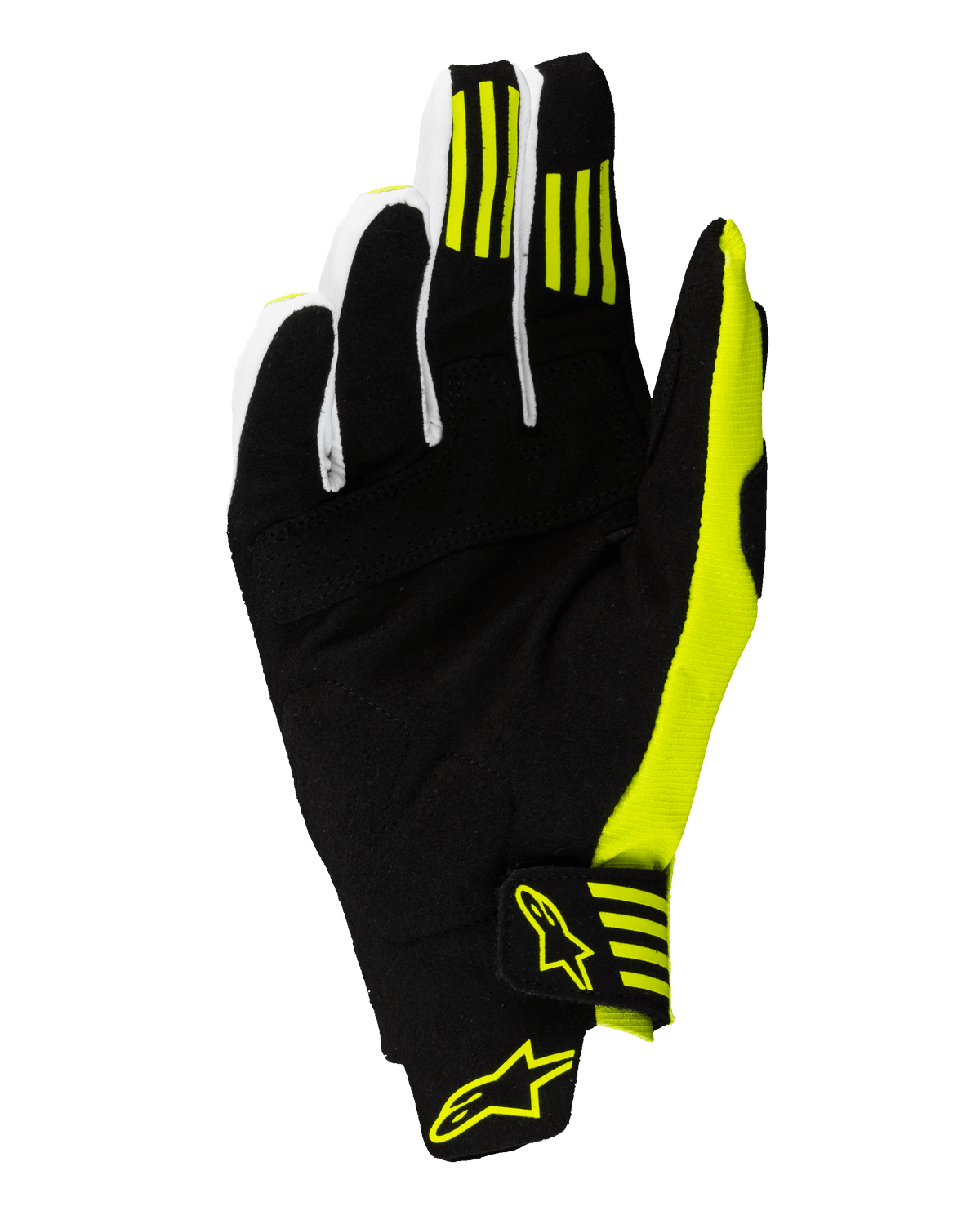 Guantes Alpinestars Techstar 2025, guantes de motocross, negro y amarillo flúor, vista de la palma con ante sintético reforzado, tiras de agarre de silicona en el primer y segundo dedo, y cierre de muñeca seguro con logotipos amarillos.