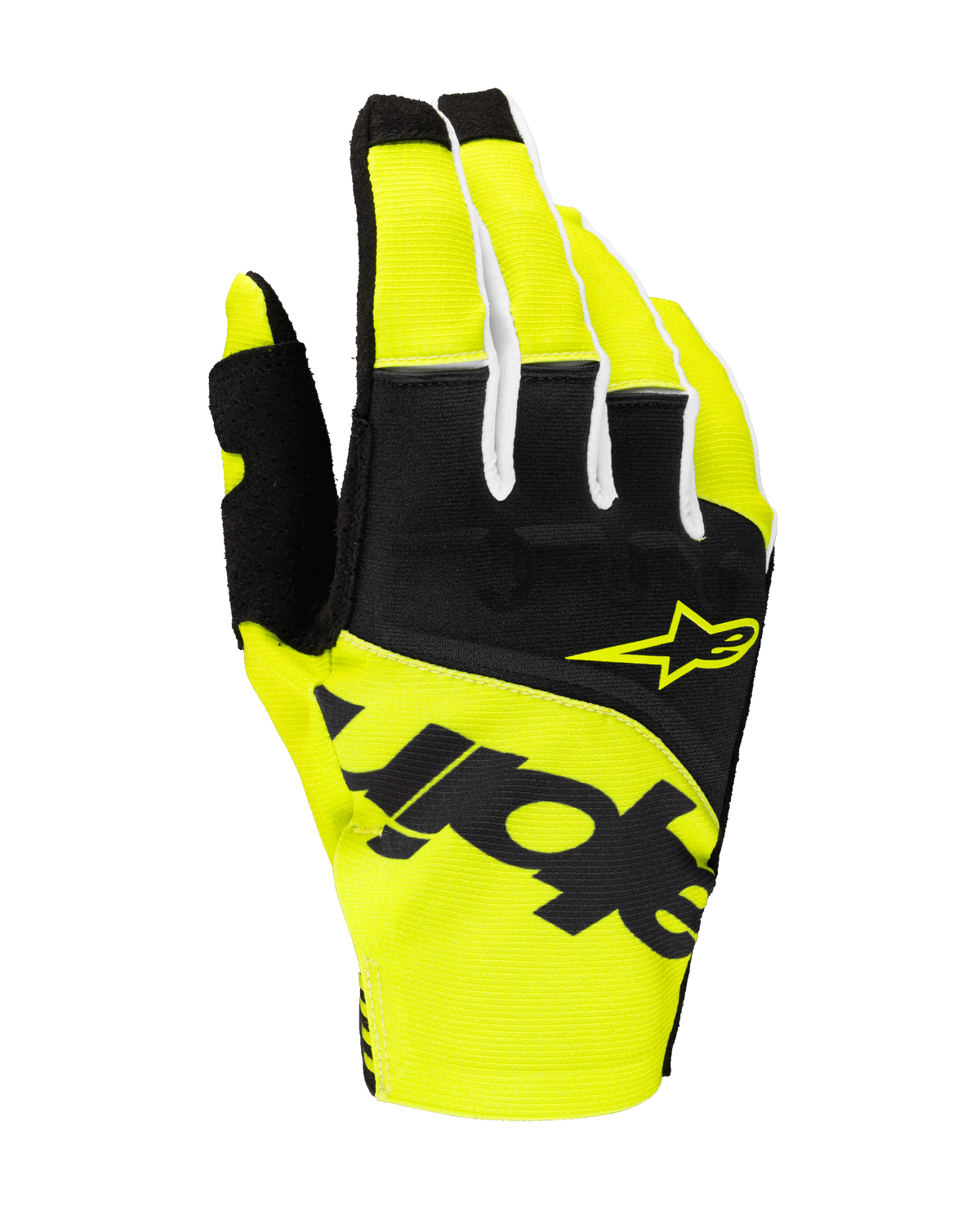 Alpinestars Techstar Gloves 2025, guantes de motocross, negro y amarillo flúor, con logotipo de estrella amarilla y marca en negro, construcción textil con micro ripstop para rendimiento en todoterreno
