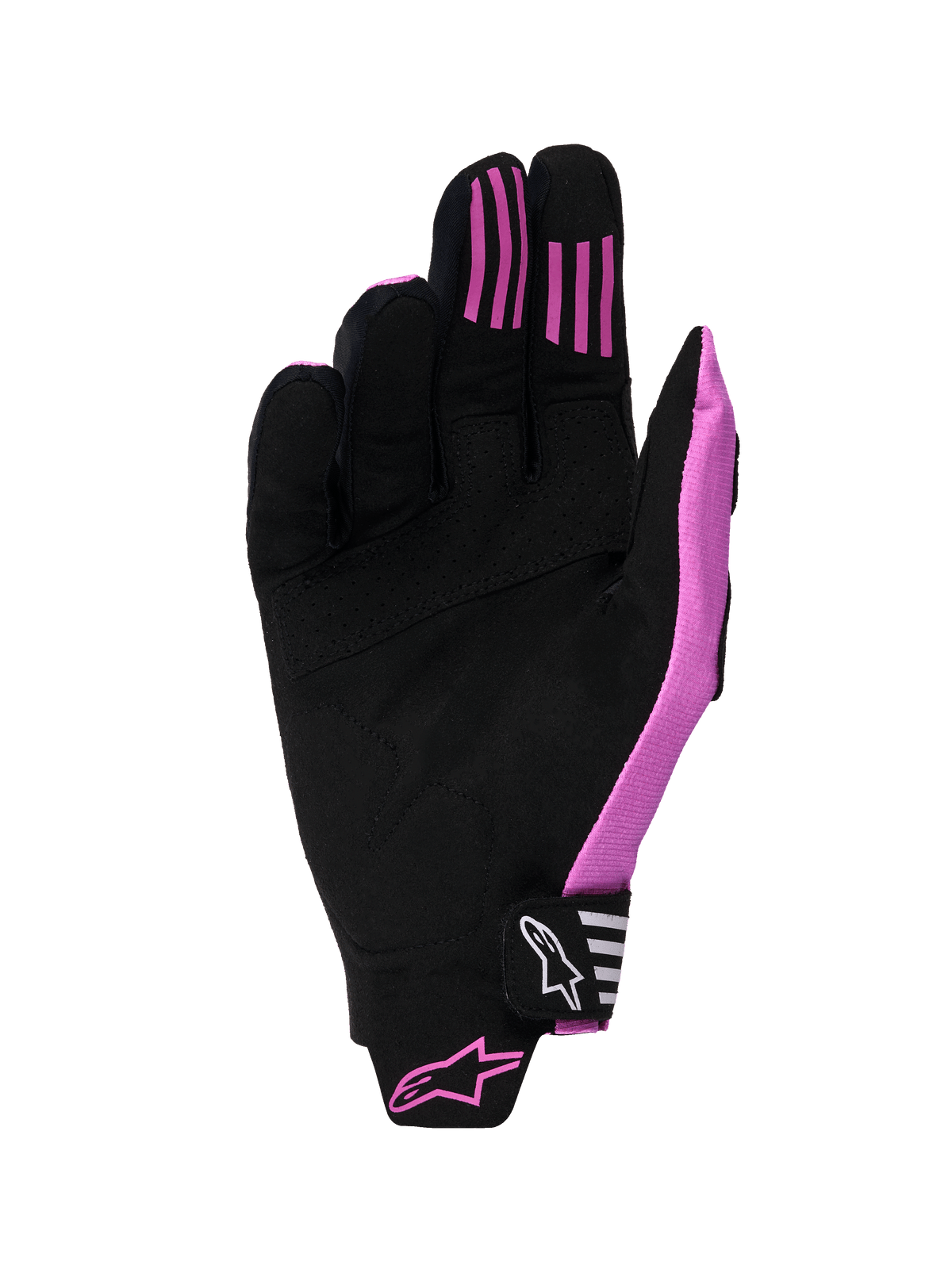 Guantes Alpinestars Techstar 2026, guantes de motocross, negro y púrpura, vista de la palma con construcción de ante sintético, tiras de agarre de silicona en los dedos y correa de cierre de velcro moldeada con el logotipo de la marca.