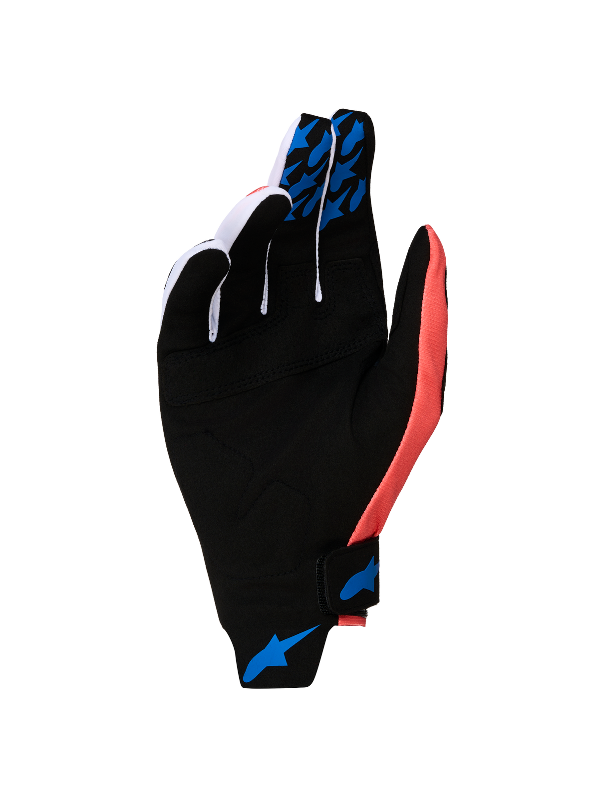 Guantes Alpinestars Techstar 2027 para motocross, hombre, negros y rosas con palma de ante sintético y agarres de silicona azul para mayor control.
