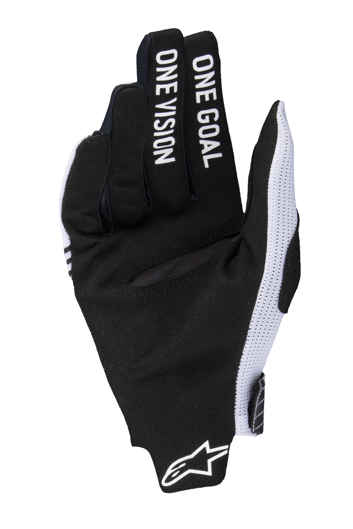 Alpinestars Guantes Radar Pro 2025, guantes de motocross, blancos y negros, vista de la palma con ante sintético negro y el texto 'ONE GOAL ONE VISION' en los dedos, paneles laterales de malla blanca y logotipo de Alpinestars en la muñeca.