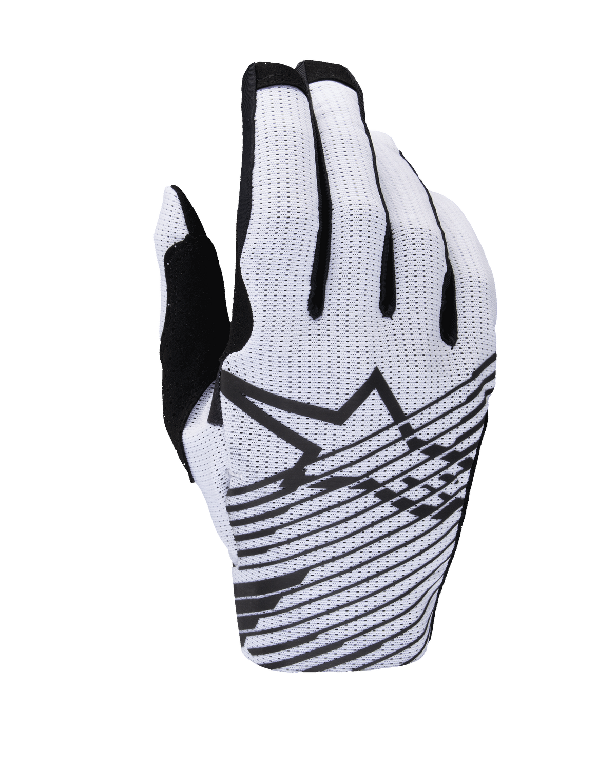 Guantes Alpinestars Radar Pro 2025, guantes de motocross, blancos y negros, vista del dorso con construcción de malla perforada, logotipo de la estrella Alpinestars en negro con líneas gráficas horizontales y detalles negros en los dedos.