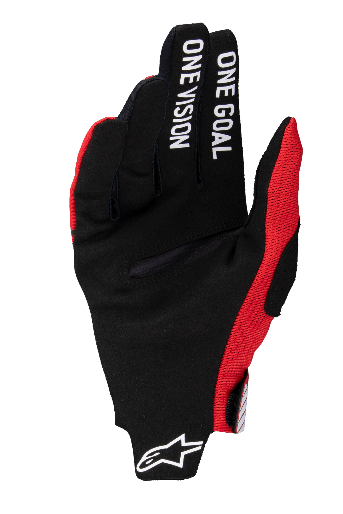 Alpinestars 2025 Radar Pro Gloves, Motocross Gloves, Bright Red, black synthetic suede palm featuring "ONE GOAL ONE VISION" text on fingers, red mesh accents, white Astars logo on the cuff, minimalistic design for maximum control