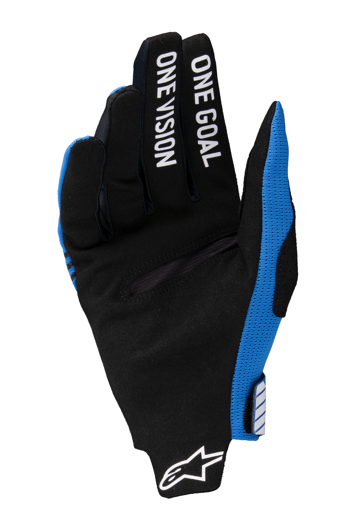 Guantes Alpinestars Radar Pro 2025, guantes de motocross, azul y negro, vista de la palma con ante sintético negro, "ONE GOAL ONE VISION" impreso en blanco en los dedos, logo de Alpinestars blanco en la muñeca, diseño ligero para competición todoterreno