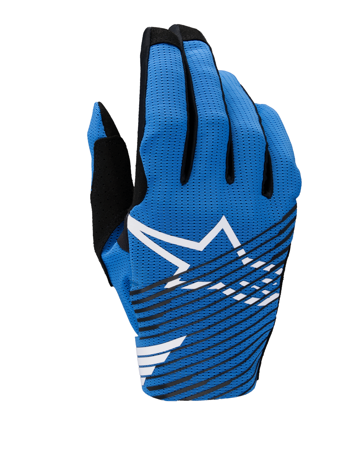 Guantes Alpinestars Radar Pro 2025, guantes de motocross, azules con logotipo Astar blanco y rayas negras diagonales, diseño de malla ligera y transpirable para un rendimiento todoterreno