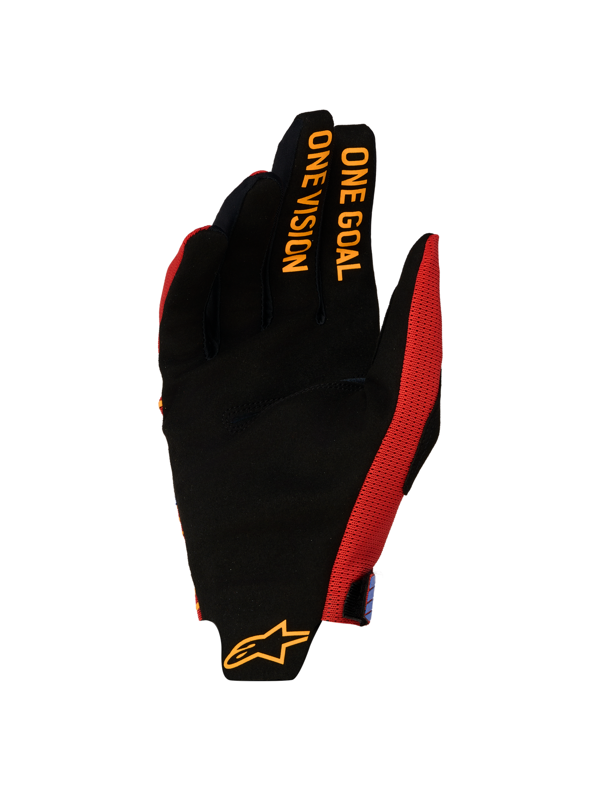 Alpinestars Radar Pro 2027, guantes de motocross para hombre, rojos y negros, con palma de ante sintético y gráficos One Goal One Vision en los dedos.