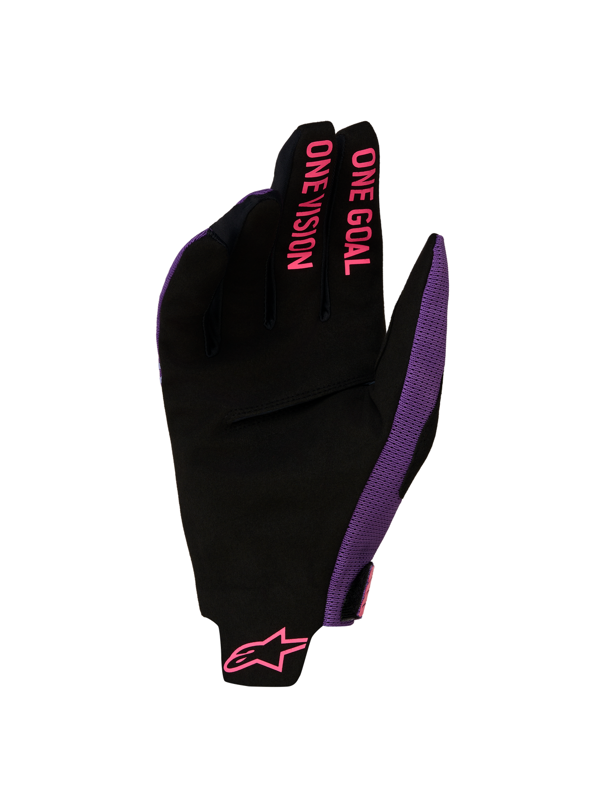 Alpinestars Radar Pro 2027, guantes de motocross para hombre, negros y morados con gráficos rosas en los dedos.