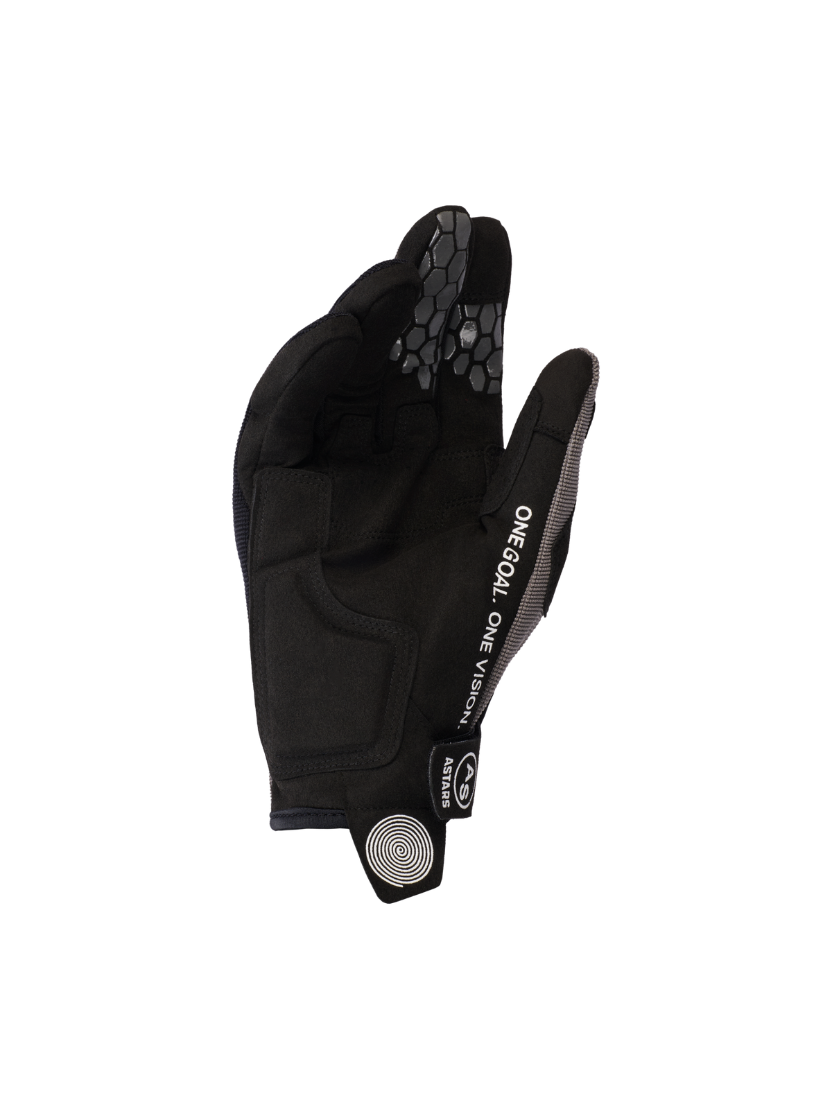 Guantes Alpinestars 2026 Pro-Dura, Negro Gris, vista de la palma de ante sintético y agarres de silicona con diseño de panal en los dedos, con el texto 'ONE GOAL. ONE VISION.' y logotipo de espiral blanco en el tirador, equipamiento duradero para motociclismo off-road