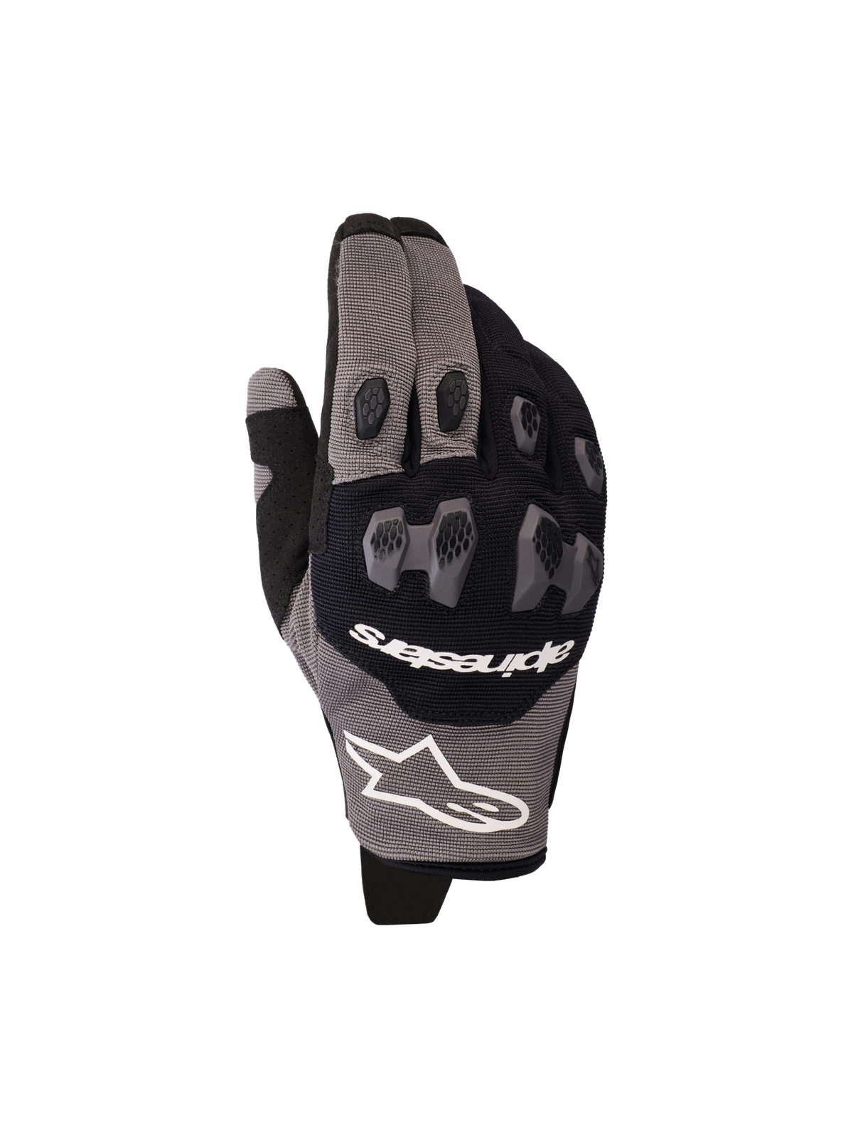 Guantes Alpinestars Pro-Dura 2026, guantes de moto, negro y gris, con protección de nudillos en TPR de dos piezas con patrón hexagonal, logo blanco de Alpinestars, construcción elástica multipanel y de malla, diseñados para el rendimiento en enduro y conducción off-road.