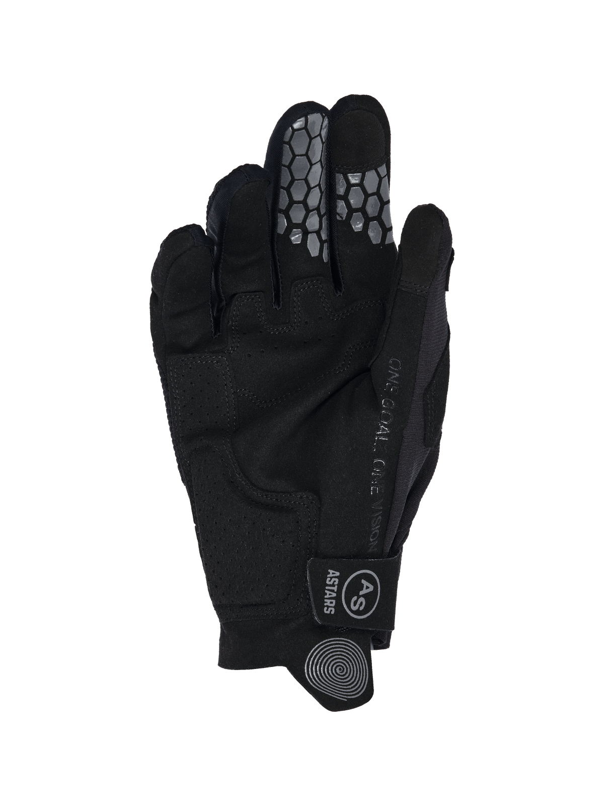 Alpinestars 2026 Pro-Dura Gloves, palm view, Black synthetic suede with perforated reinforcements, honeycomb silicone grip on index and middle fingers, 'ONE GOAL. ONE VISION' text, and wrist strap with Astars logo.